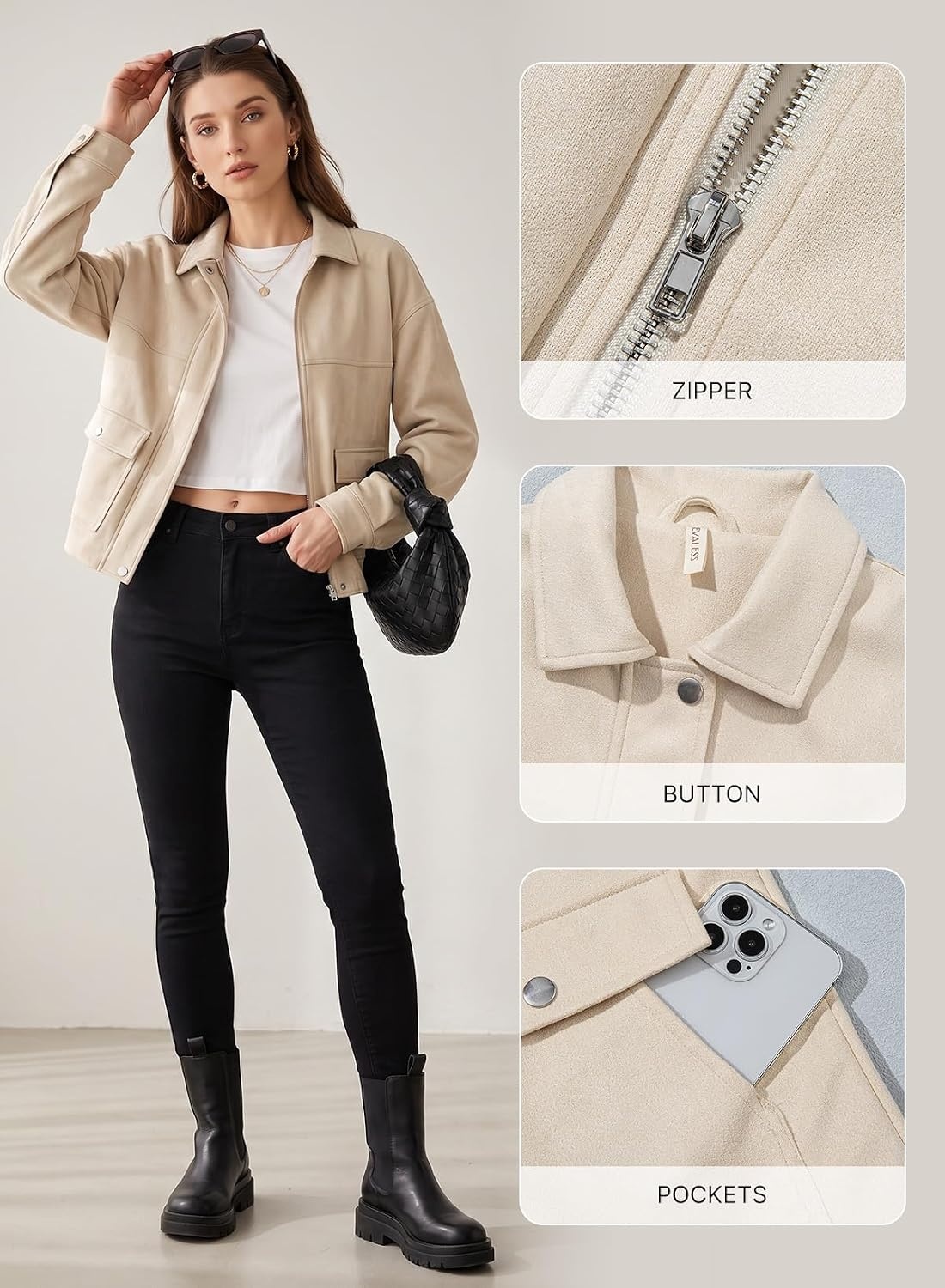 image:imageEVALESS Womens Faux Suede Jacket Fall Fashion Casual Winter Coats Outerwear Vintage Trendy Lapel Collar Zip Up Bomber Jackets with PocketsLoose Fit Travel Western Cowgirls OutfitsBusiness CasualBeige