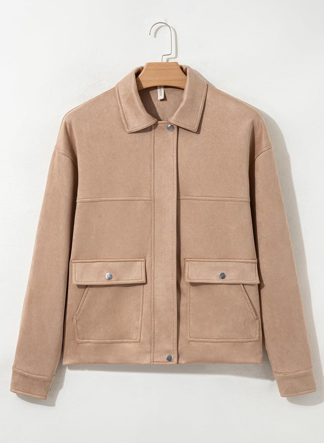 image:imageEVALESS Womens Faux Suede Jacket Fall Fashion Casual Winter Coats Outerwear Vintage Trendy Lapel Collar Zip Up Bomber Jackets with PocketsLoose Fit Travel Western Cowgirls OutfitsBusiness CasualKhaki