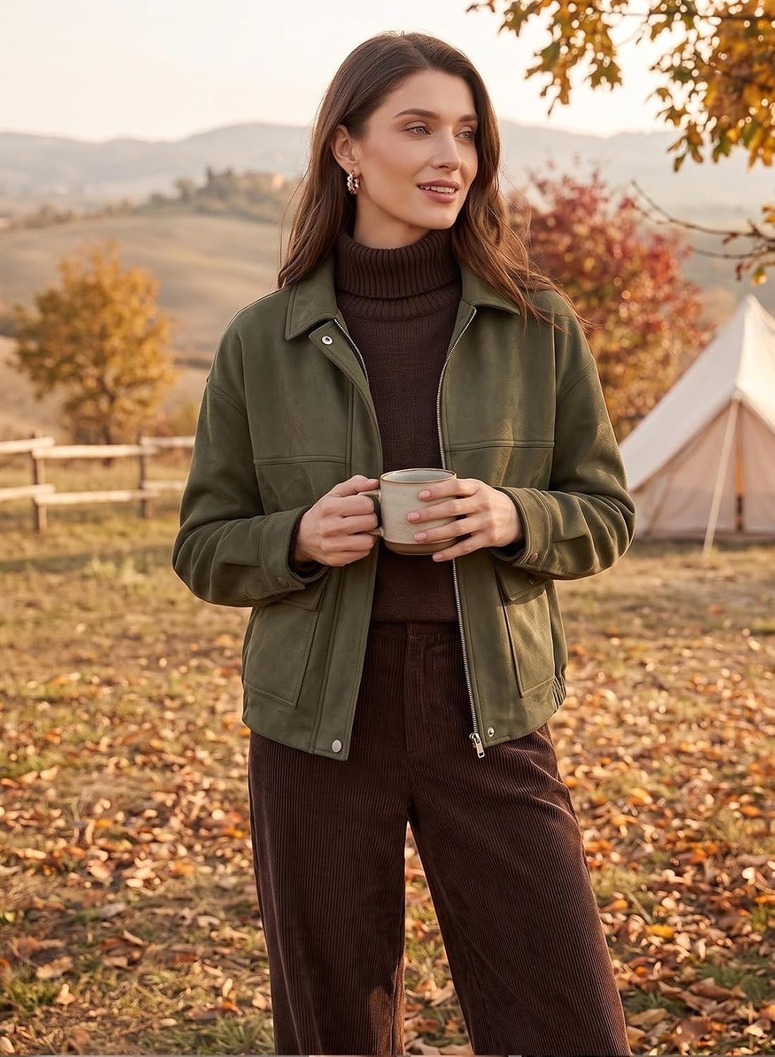 image:imageEVALESS Womens Faux Suede Jacket Fall Fashion Casual Winter Coats Outerwear Vintage Trendy Lapel Collar Zip Up Bomber Jackets with PocketsLoose Fit Travel Western Cowgirls OutfitsBusiness CasualGreen