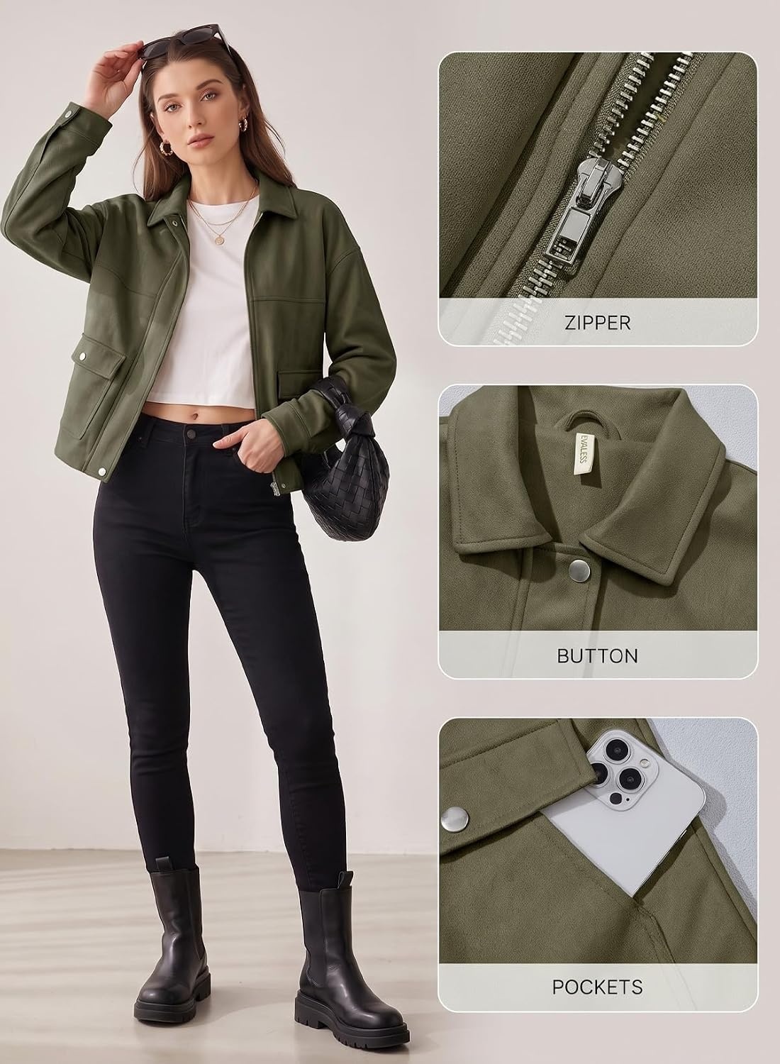 image:imageEVALESS Womens Faux Suede Jacket Fall Fashion Casual Winter Coats Outerwear Vintage Trendy Lapel Collar Zip Up Bomber Jackets with PocketsLoose Fit Travel Western Cowgirls OutfitsBusiness CasualGreen