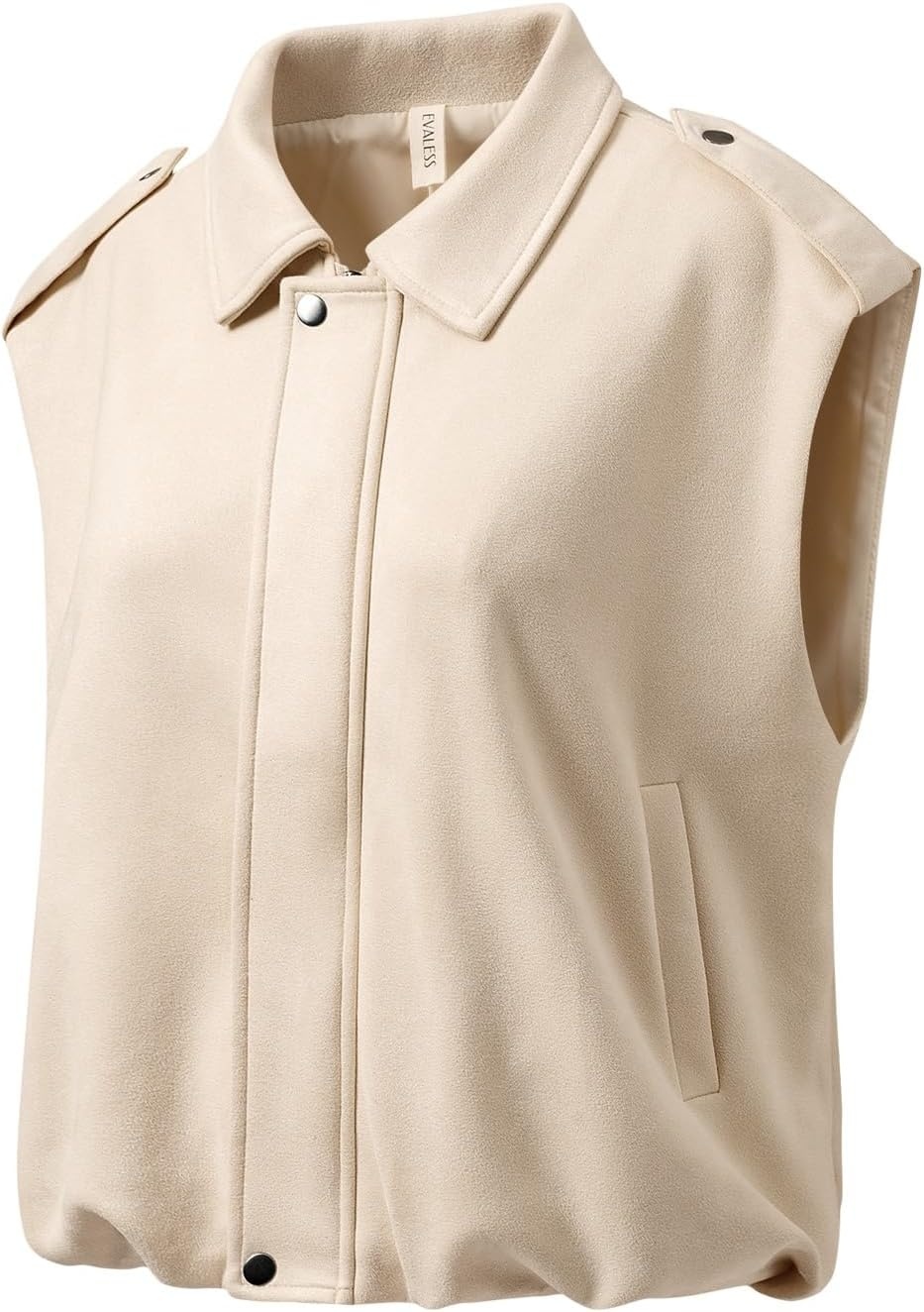 image:imageEVALESS Womens Vest Faux Suede Sleeveless Jackets Fashion Spring 2026 Y2K Cropped Jacket Trendy Streetwear with PocketsBeige