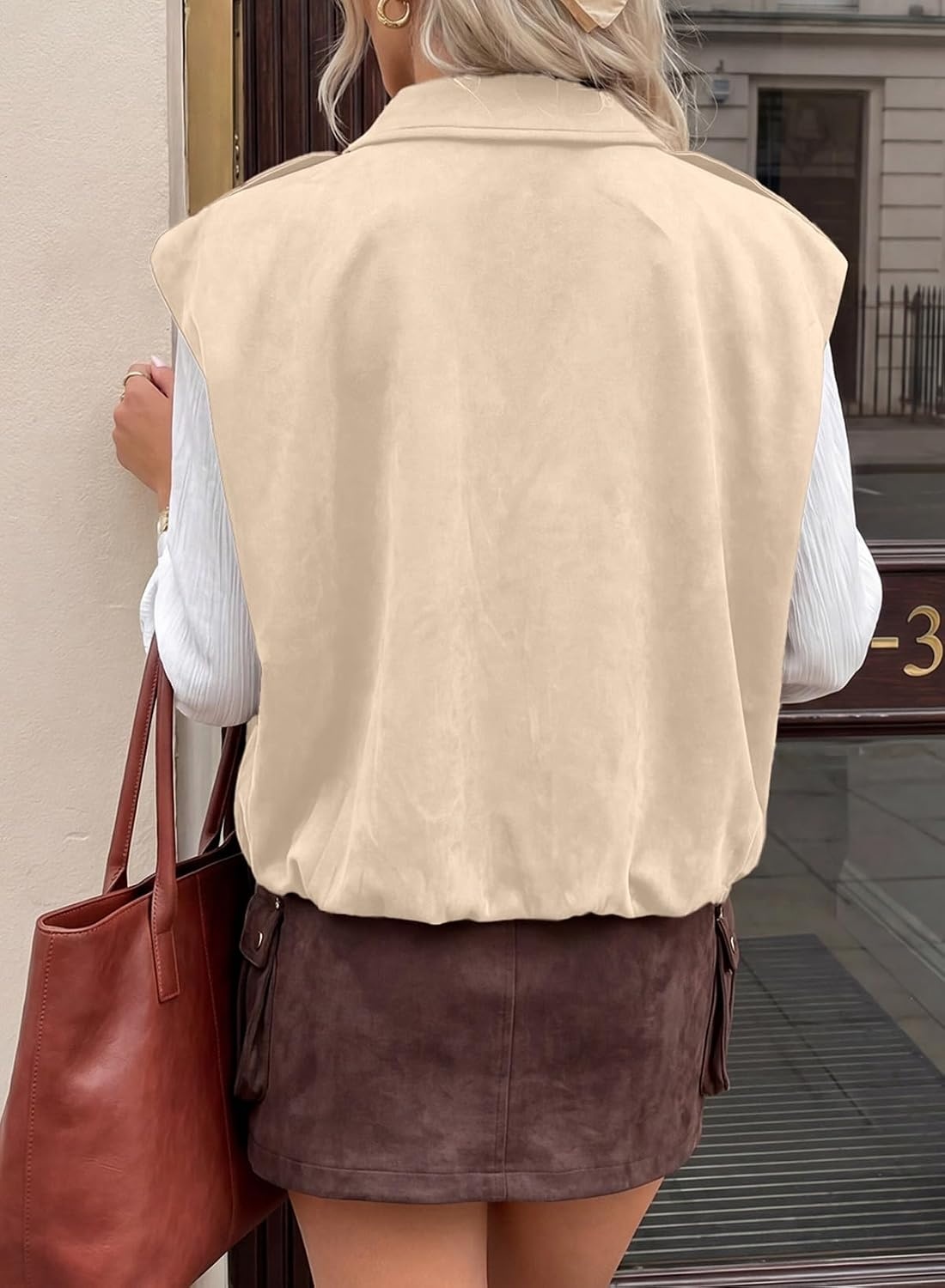 image:imageEVALESS Womens Vest Faux Suede Sleeveless Jackets Fashion Spring 2026 Y2K Cropped Jacket Trendy Streetwear with PocketsBeige