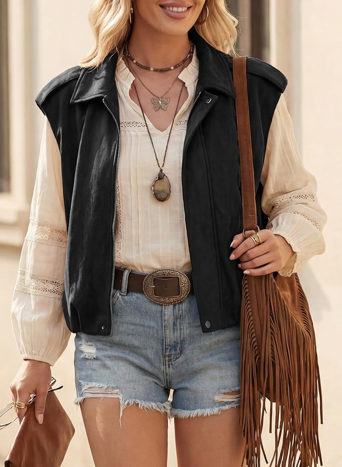 image:imageEVALESS Womens Vest Faux Suede Sleeveless Jackets Fashion Spring 2026 Y2K Cropped Jacket Trendy Streetwear with PocketsBlack