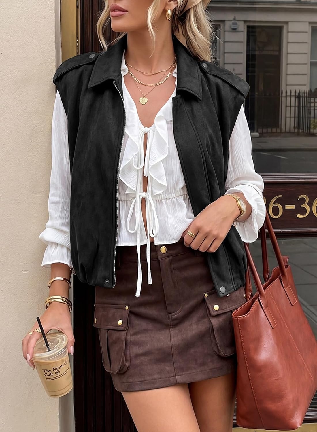 image:imageEVALESS Womens Vest Faux Suede Sleeveless Jackets Fashion Spring 2026 Y2K Cropped Jacket Trendy Streetwear with PocketsBlack