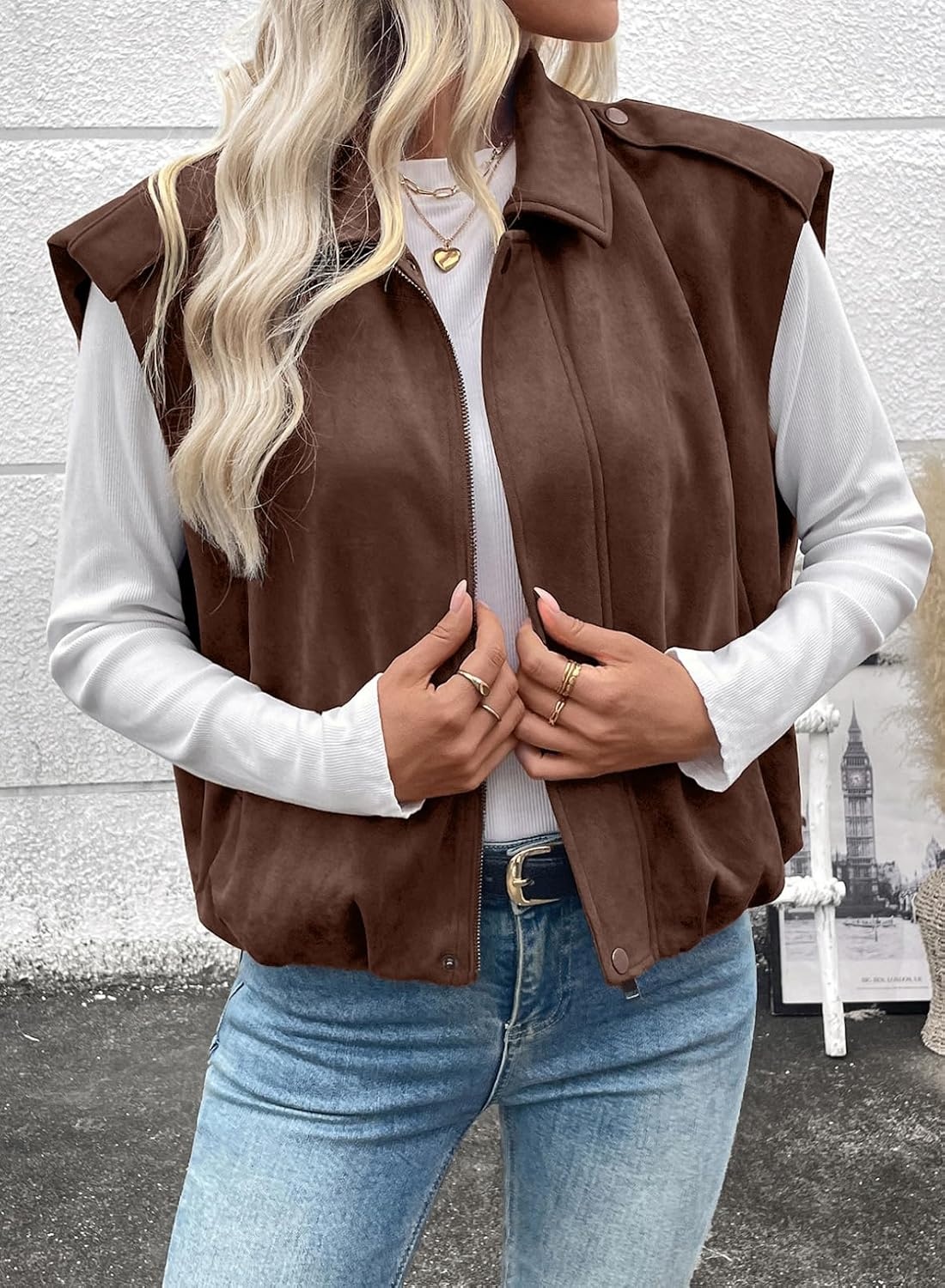 image:imageEVALESS Womens Vest Faux Suede Sleeveless Jackets Fashion Spring 2026 Y2K Cropped Jacket Trendy Streetwear with PocketsChicory Coffee