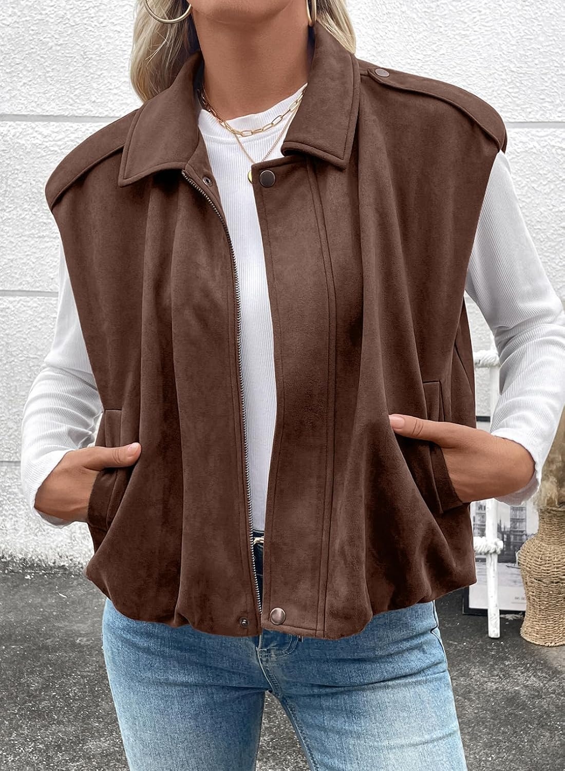 image:imageEVALESS Womens Vest Faux Suede Sleeveless Jackets Fashion Spring 2026 Y2K Cropped Jacket Trendy Streetwear with PocketsChicory Coffee