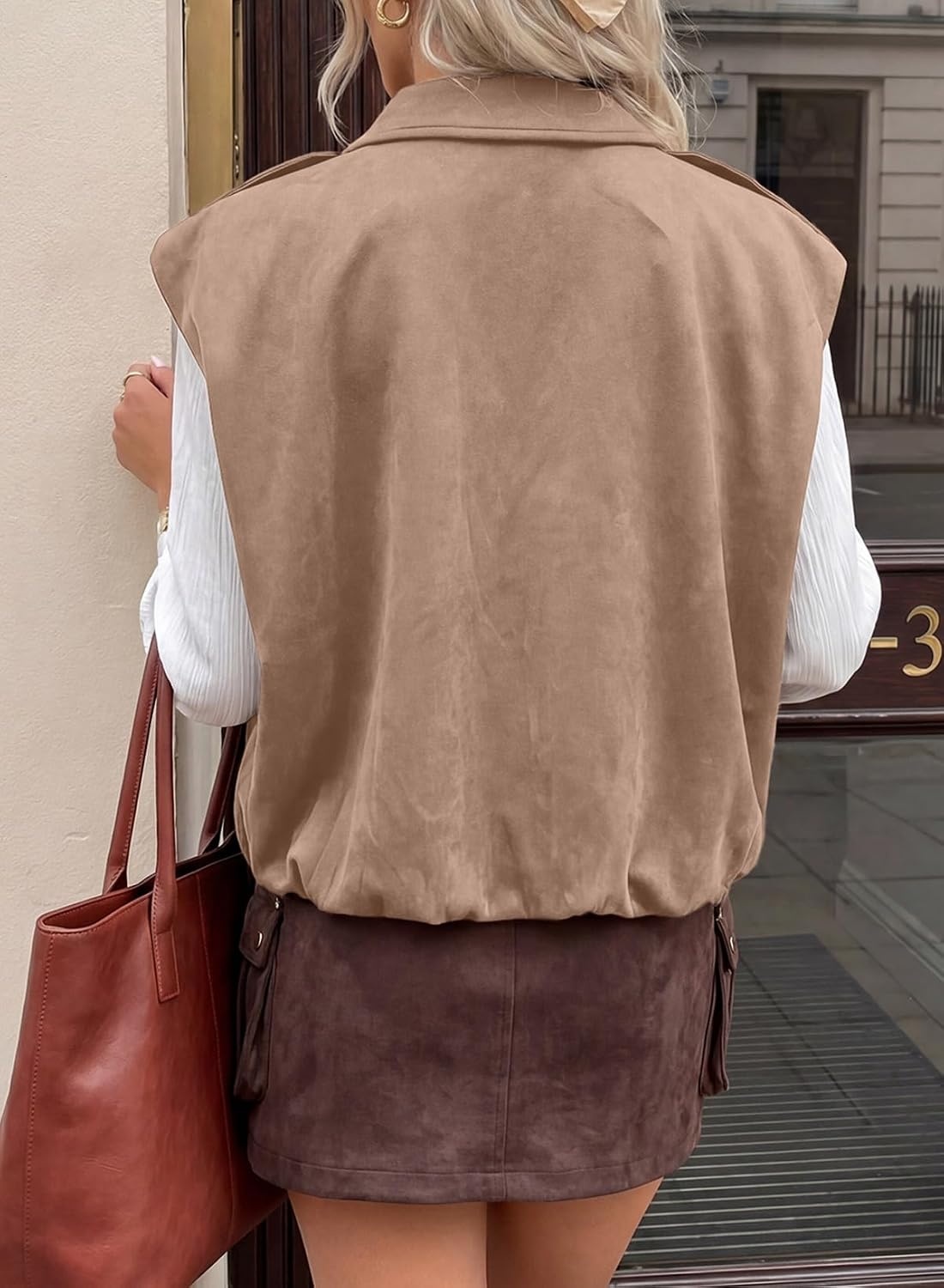 image:imageEVALESS Womens Vest Faux Suede Sleeveless Jackets Fashion Spring 2026 Y2K Cropped Jacket Trendy Streetwear with PocketsParchment
