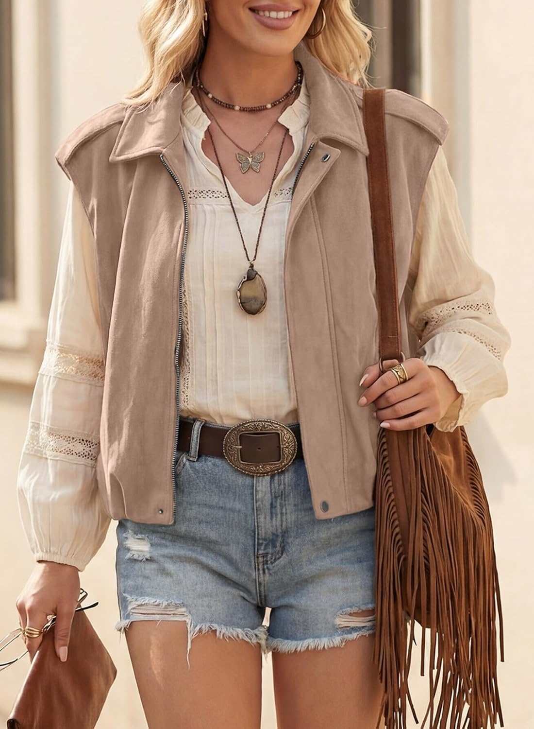 image:imageEVALESS Womens Vest Faux Suede Sleeveless Jackets Fashion Spring 2026 Y2K Cropped Jacket Trendy Streetwear with PocketsParchment