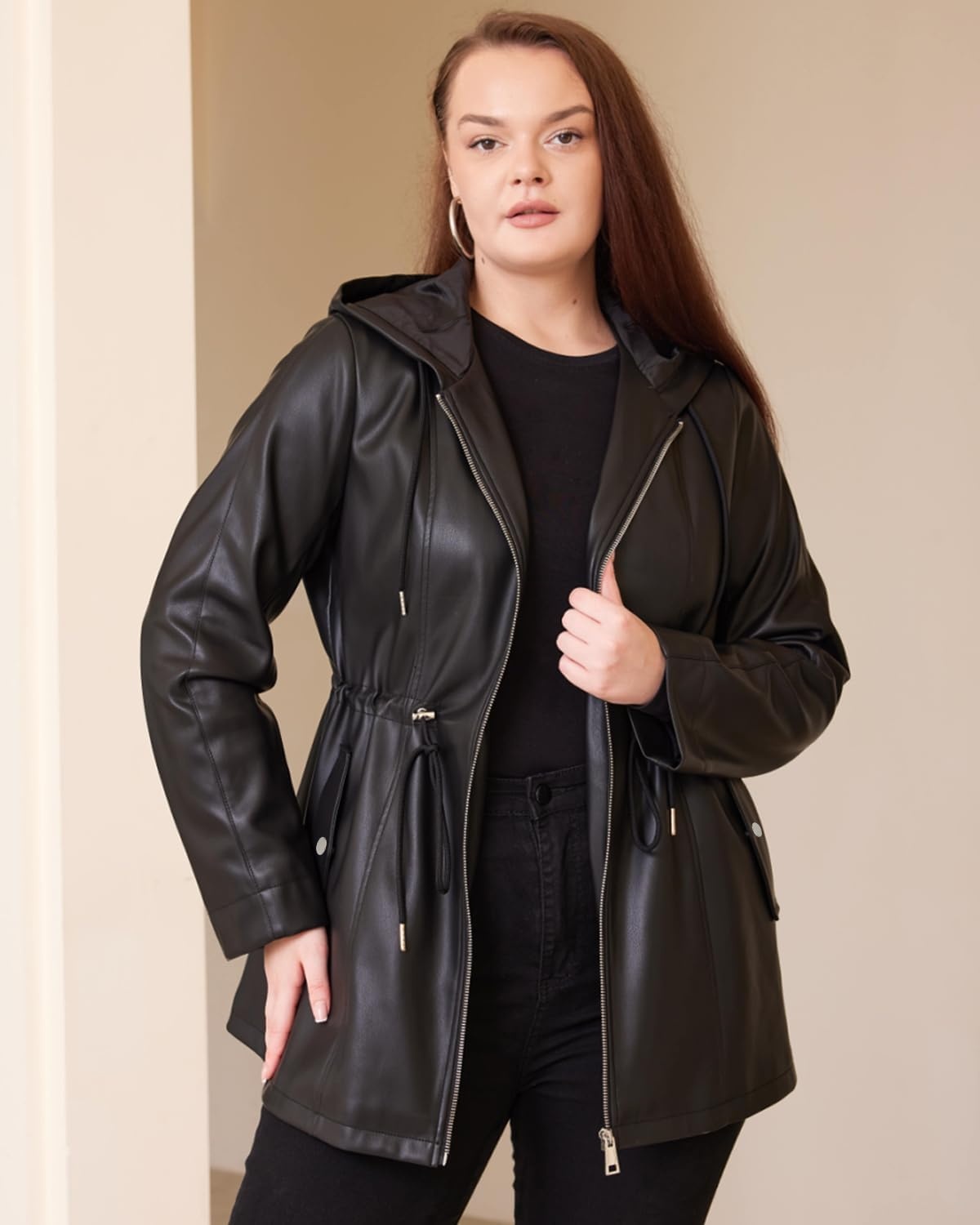 image:imageFaux Leather Jacket Women Plus Size Hooded Moto Biker Coat PU faux leatherlong sleevesadjustable drawstring waistattached hoodzipper closureside storage pocketsBlack 165