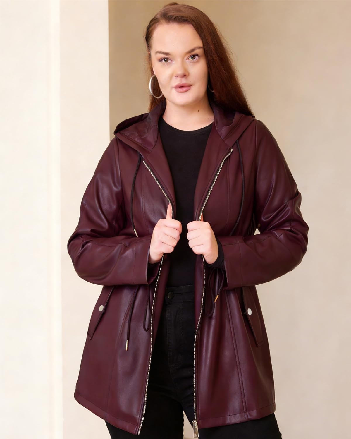 image:imageFaux Leather Jacket Women Plus Size Hooded Moto Biker Coat PU faux leatherlong sleevesadjustable drawstring waistattached hoodzipper closureside storage pocketsPurple Red 165