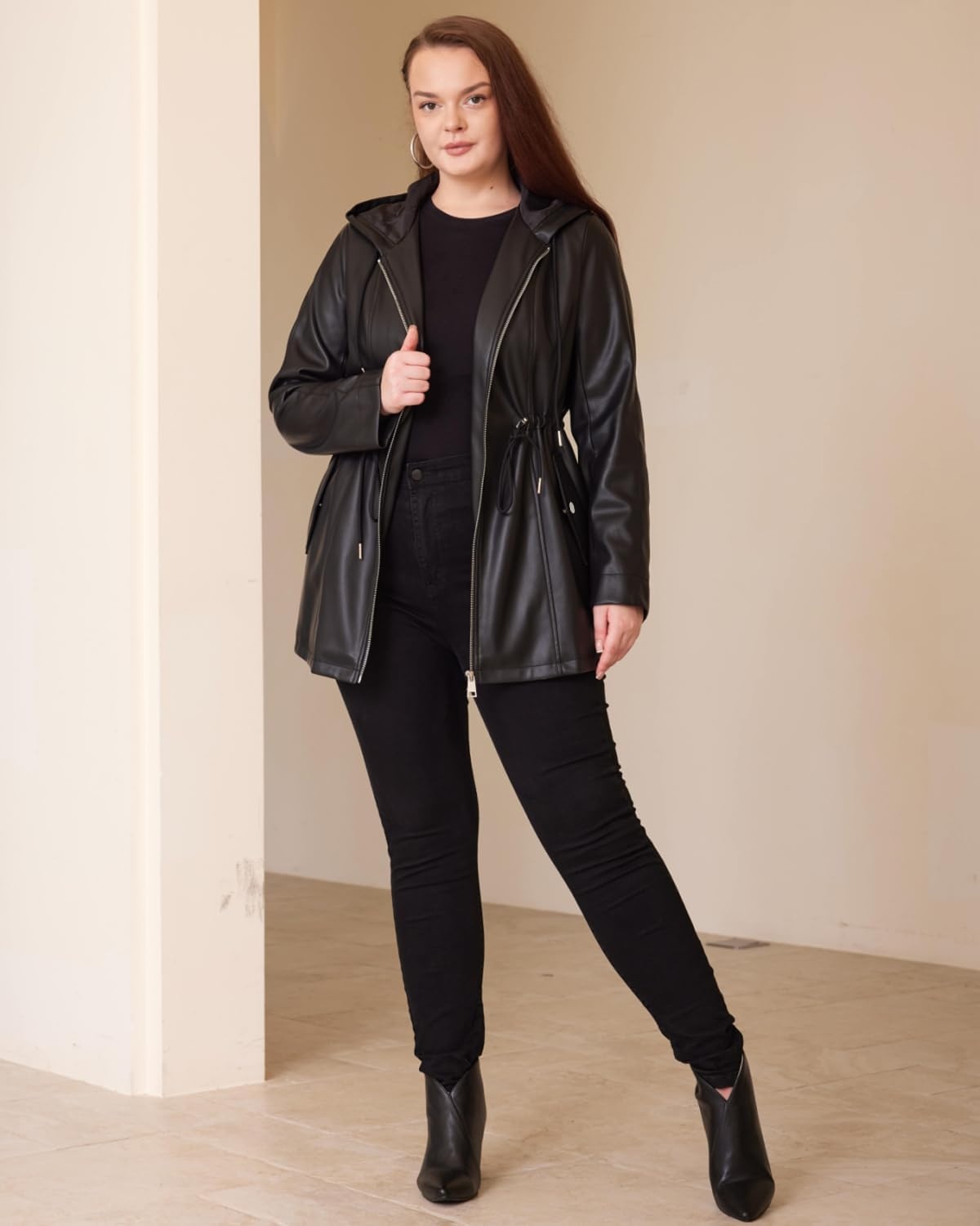 image:imageFaux Leather Jacket Women Plus Size Hooded Moto Biker Coat PU faux leatherlong sleevesadjustable drawstring waistattached hoodzipper closureside storage pocketsBlack 165