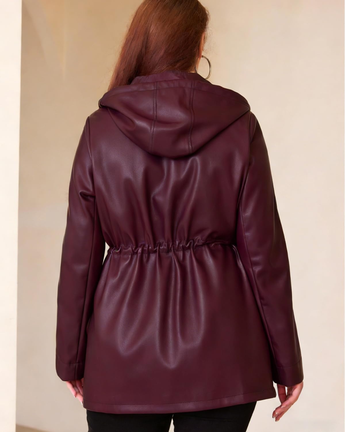 image:imageFaux Leather Jacket Women Plus Size Hooded Moto Biker Coat PU faux leatherlong sleevesadjustable drawstring waistattached hoodzipper closureside storage pocketsPurple Red 165
