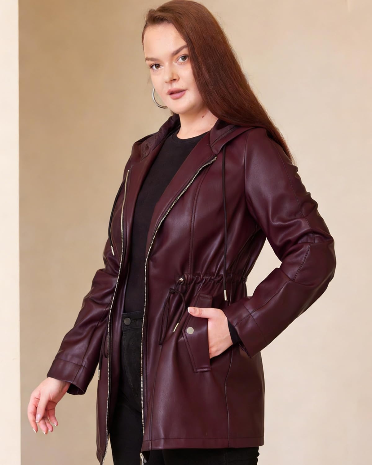 image:imageFaux Leather Jacket Women Plus Size Hooded Moto Biker Coat PU faux leatherlong sleevesadjustable drawstring waistattached hoodzipper closureside storage pocketsPurple Red 165