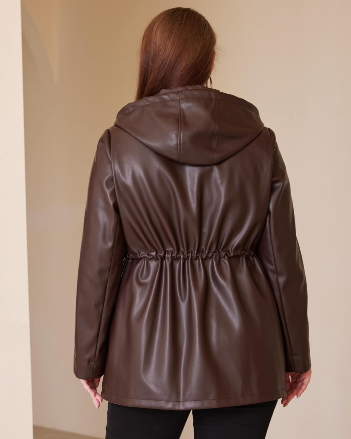 image:imageFaux Leather Jacket Women Plus Size Hooded Moto Biker Coat PU faux leatherlong sleevesadjustable drawstring waistattached hoodzipper closureside storage pocketsBrown 165