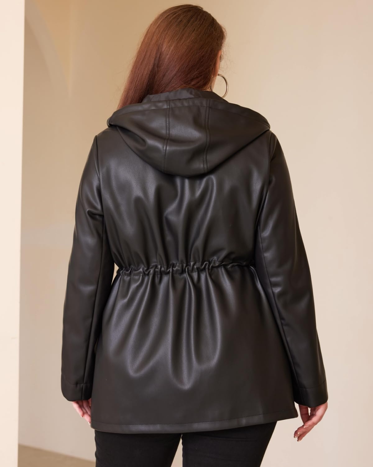 image:imageFaux Leather Jacket Women Plus Size Hooded Moto Biker Coat PU faux leatherlong sleevesadjustable drawstring waistattached hoodzipper closureside storage pocketsBlack 165