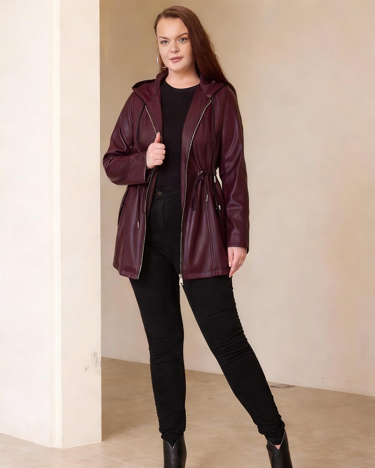 image:imageFaux Leather Jacket Women Plus Size Hooded Moto Biker Coat PU faux leatherlong sleevesadjustable drawstring waistattached hoodzipper closureside storage pocketsPurple Red 165