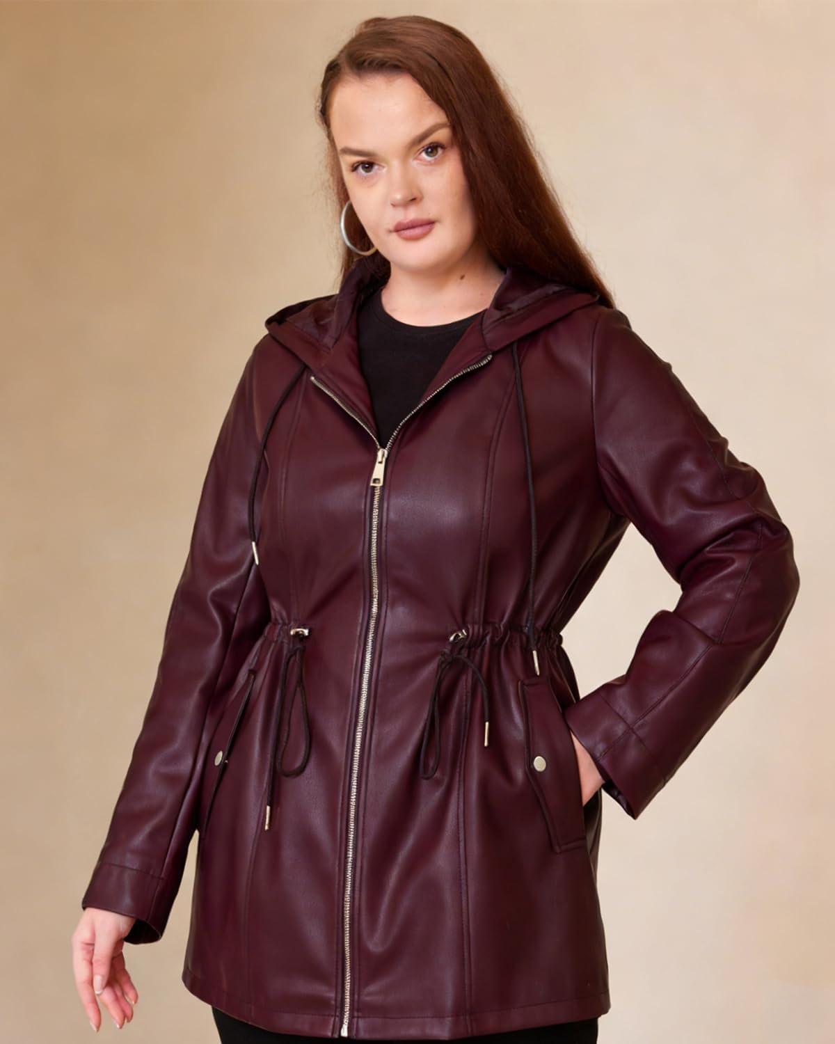 image:imageFaux Leather Jacket Women Plus Size Hooded Moto Biker Coat PU faux leatherlong sleevesadjustable drawstring waistattached hoodzipper closureside storage pocketsPurple Red 165