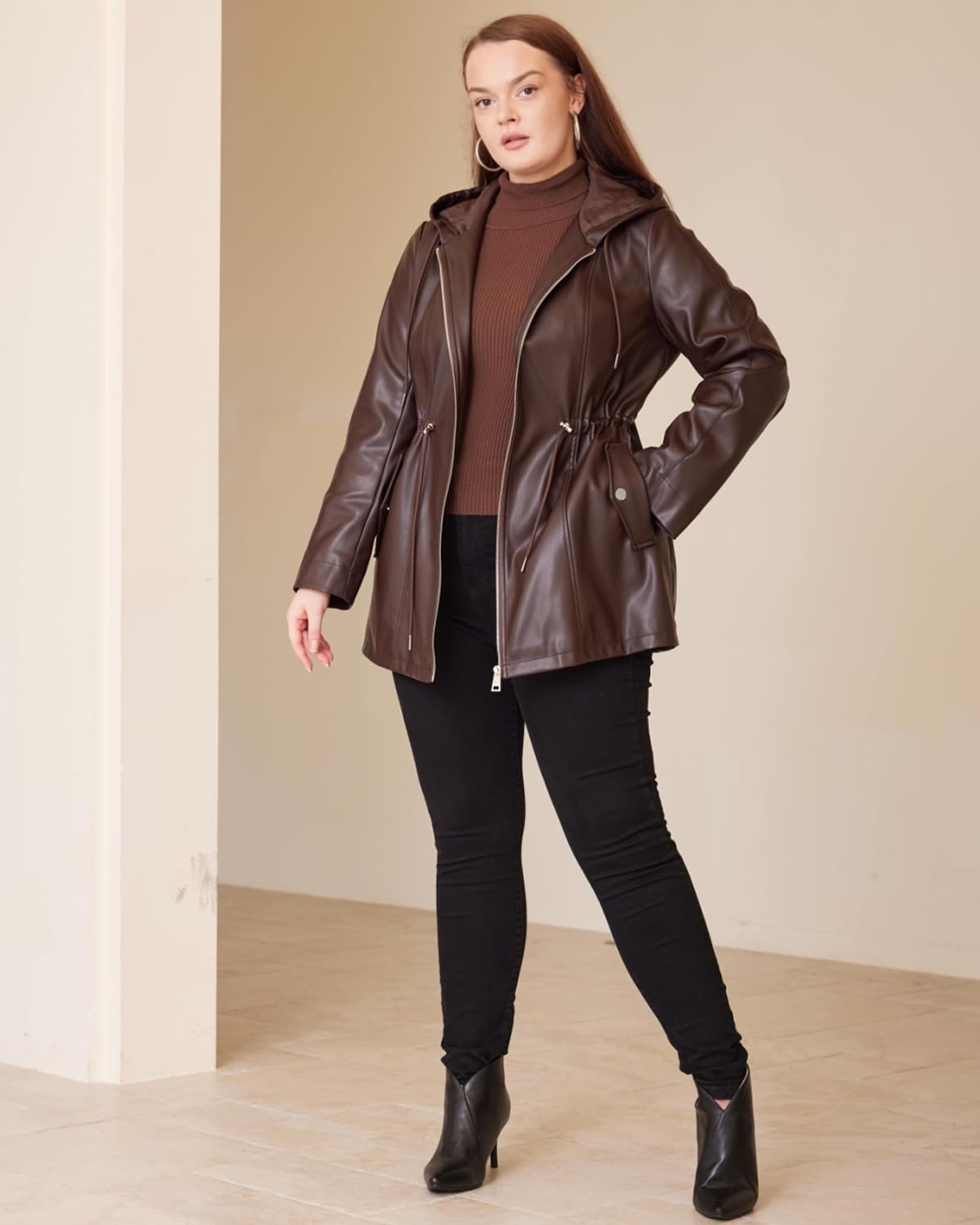 image:imageFaux Leather Jacket Women Plus Size Hooded Moto Biker Coat PU faux leatherlong sleevesadjustable drawstring waistattached hoodzipper closureside storage pocketsBrown 165