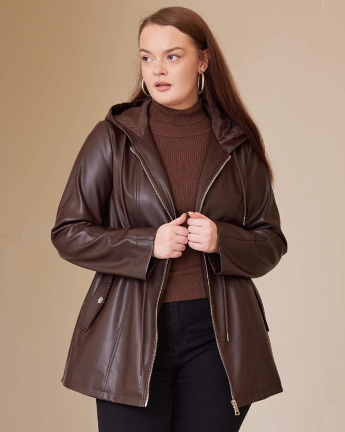image:imageFaux Leather Jacket Women Plus Size Hooded Moto Biker Coat PU faux leatherlong sleevesadjustable drawstring waistattached hoodzipper closureside storage pocketsBrown 165