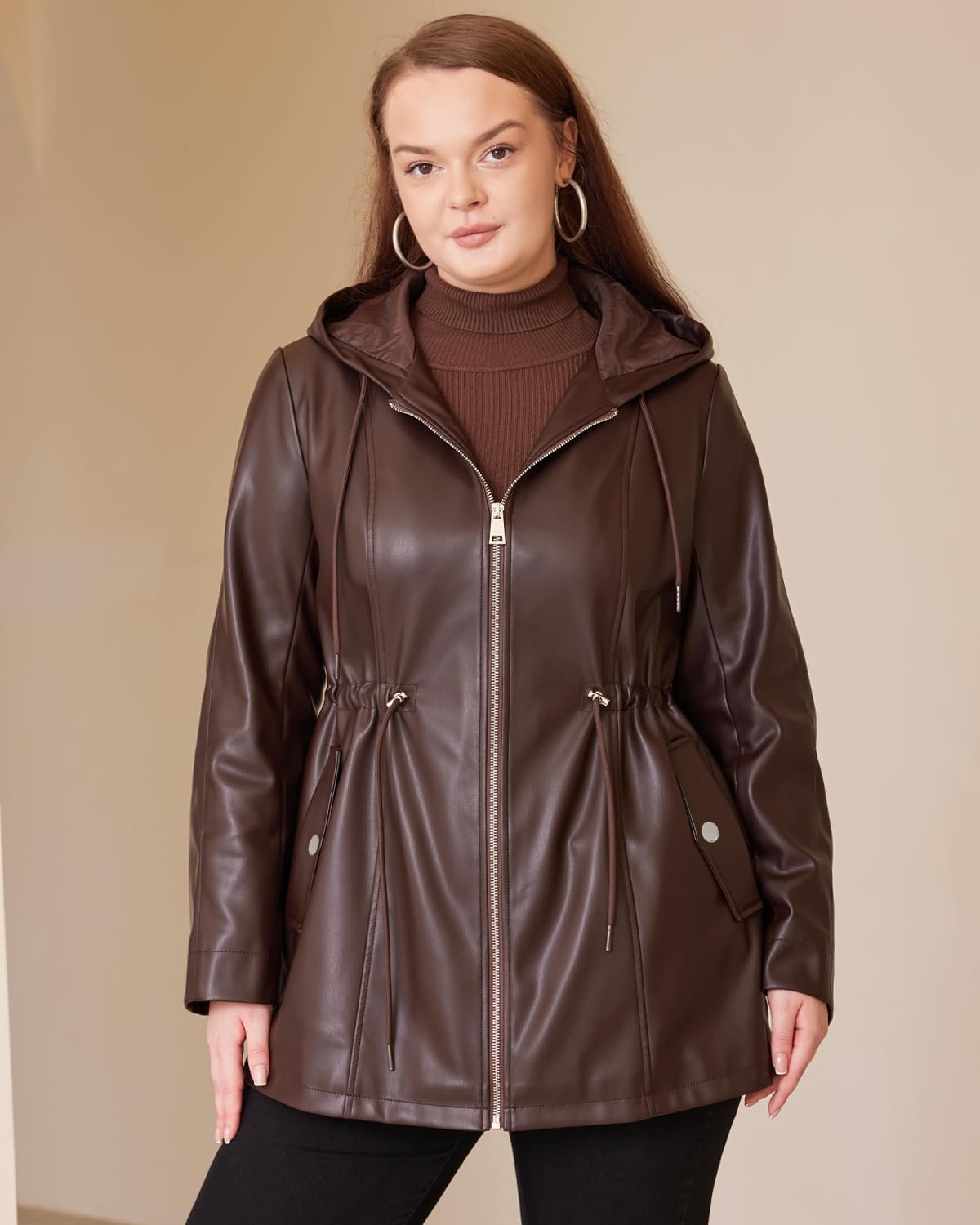 image:imageFaux Leather Jacket Women Plus Size Hooded Moto Biker Coat PU faux leatherlong sleevesadjustable drawstring waistattached hoodzipper closureside storage pocketsBrown 165
