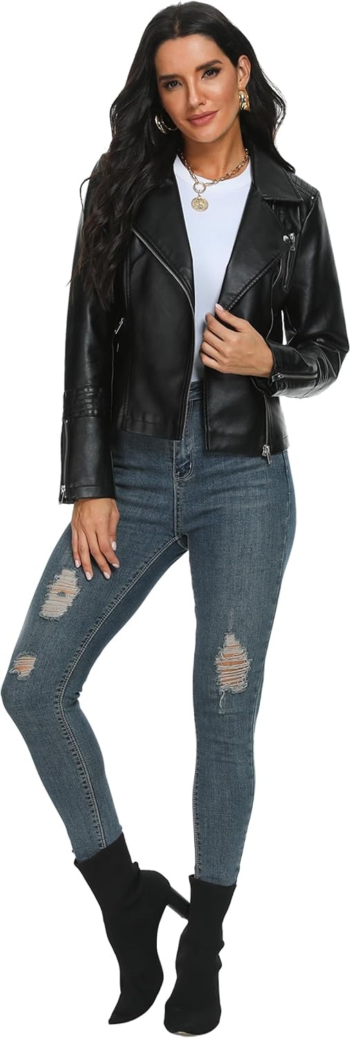 image:imageFaux Leather Jacket for Women Vegan Jackets Moto Biker Motocycle CoatBlack