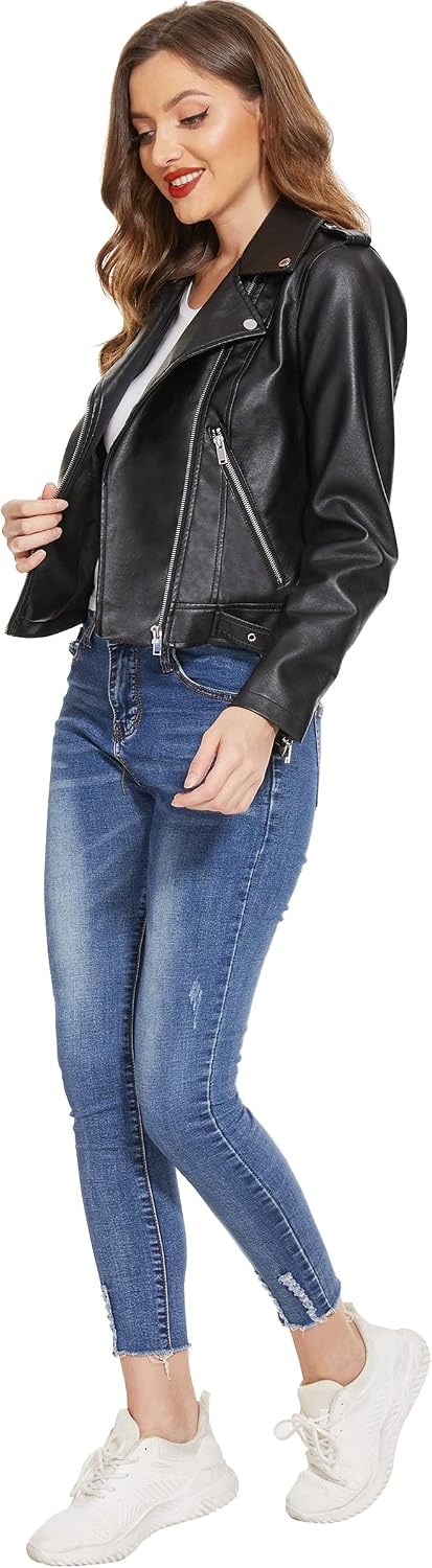 image:imageFaux Leather Jacket for Women Vegan Jackets Moto Biker Motocycle CoatBlacks