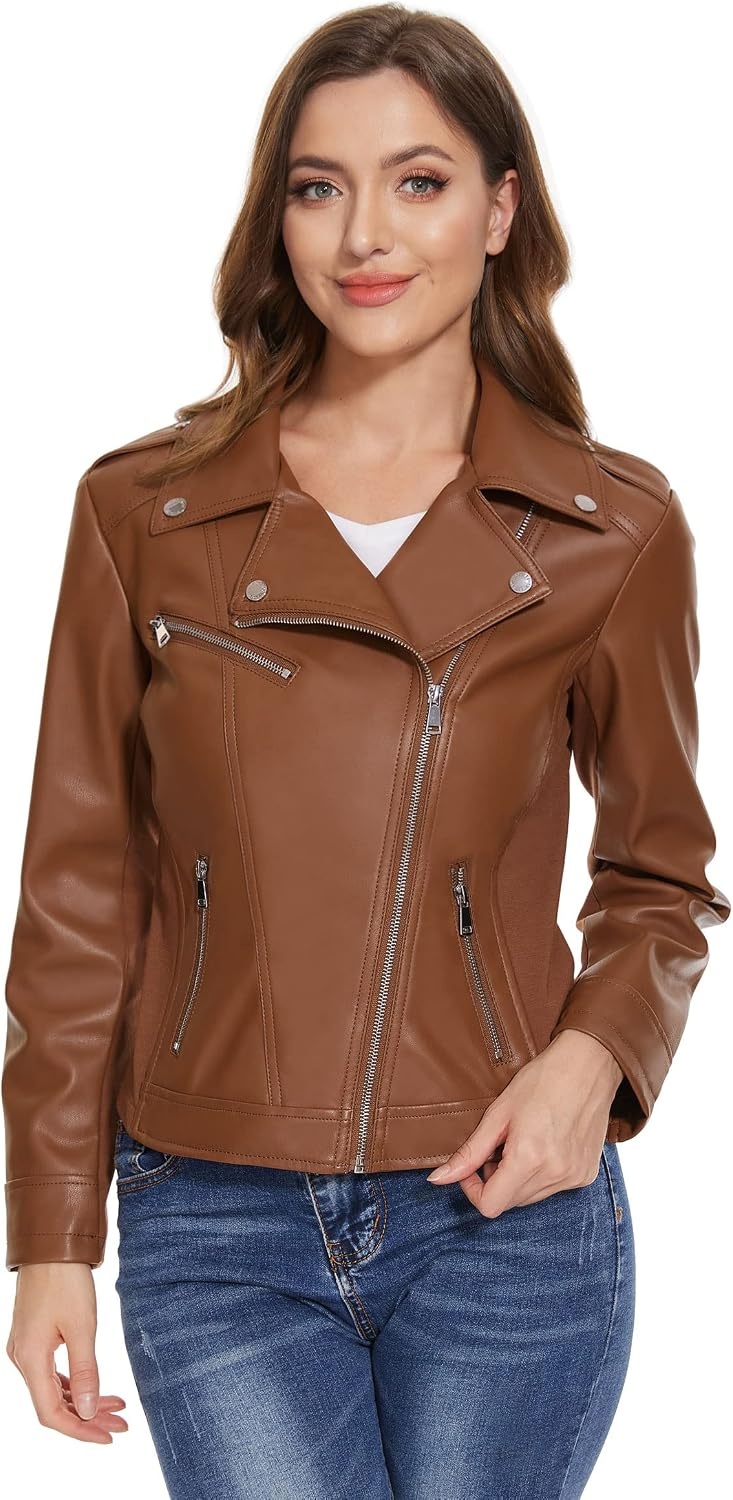 image:imageFaux Leather Jacket for Women Vegan Jackets Moto Biker Motocycle CoatBrown