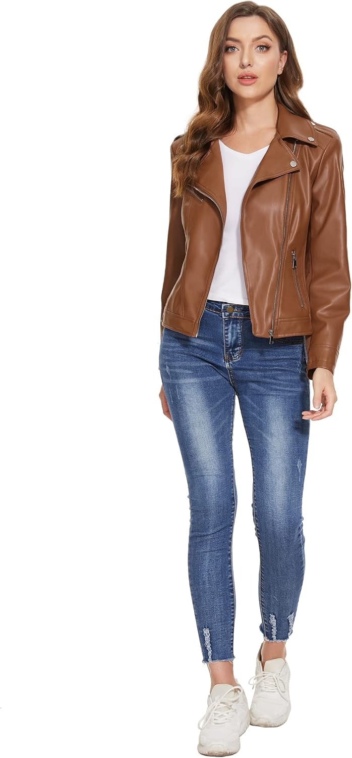 image:imageFaux Leather Jacket for Women Vegan Jackets Moto Biker Motocycle CoatBrown