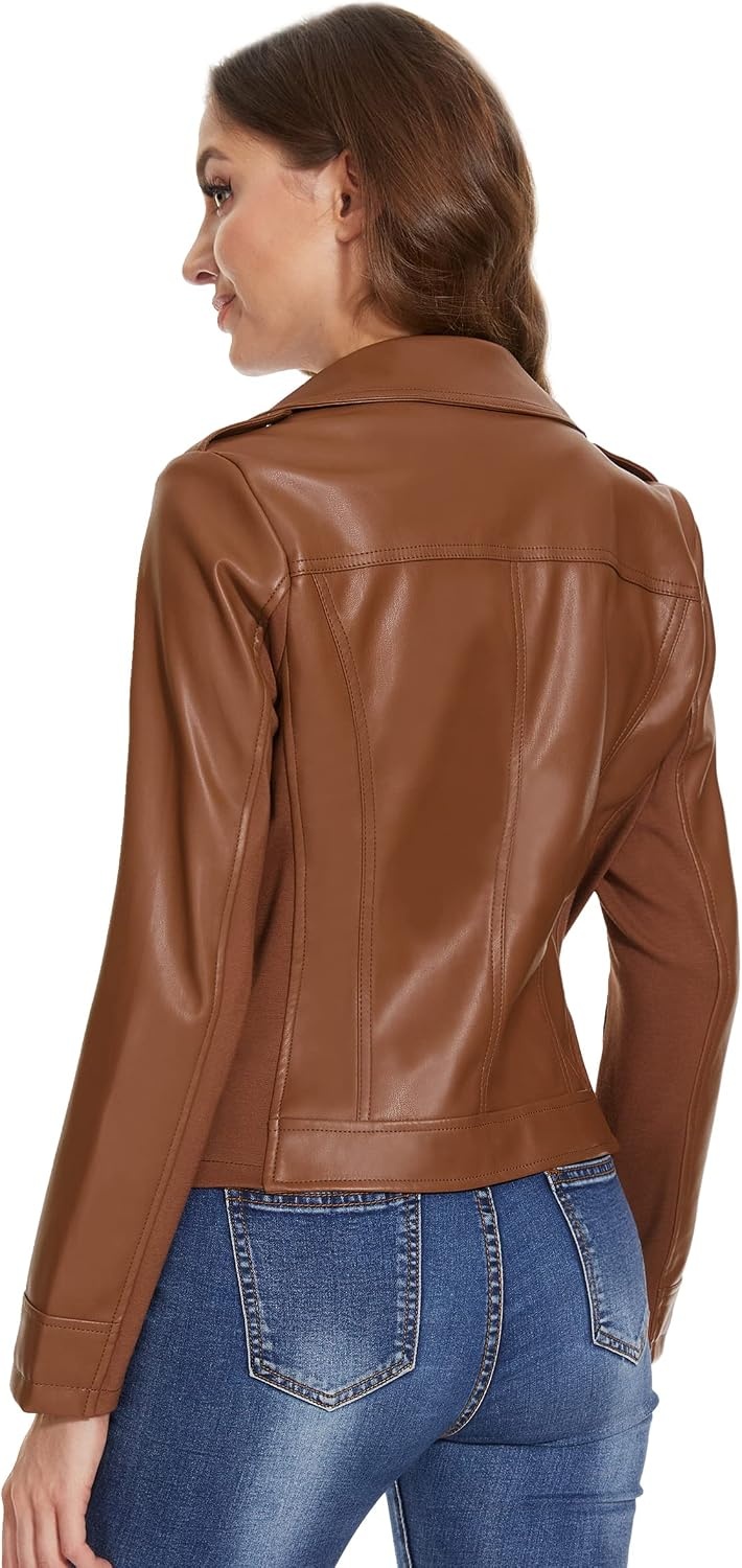image:imageFaux Leather Jacket for Women Vegan Jackets Moto Biker Motocycle CoatBrown