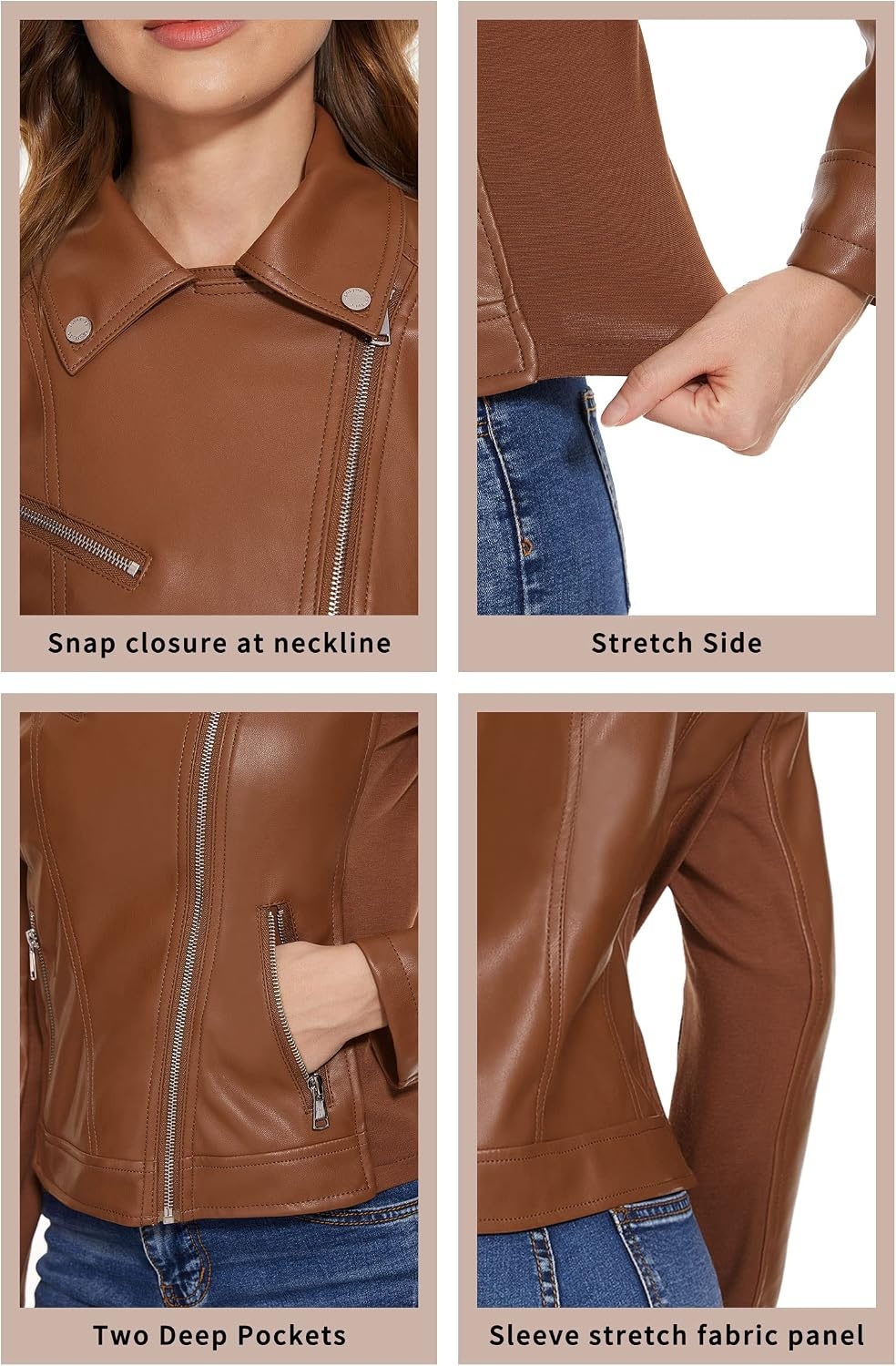 image:imageFaux Leather Jacket for Women Vegan Jackets Moto Biker Motocycle CoatBrown