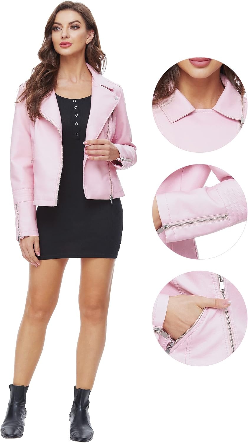 image:imageFaux Leather Jacket for Women Vegan Jackets Moto Biker Motocycle CoatPink
