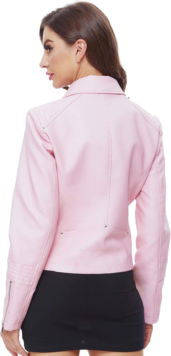 image:imageFaux Leather Jacket for Women Vegan Jackets Moto Biker Motocycle CoatPink