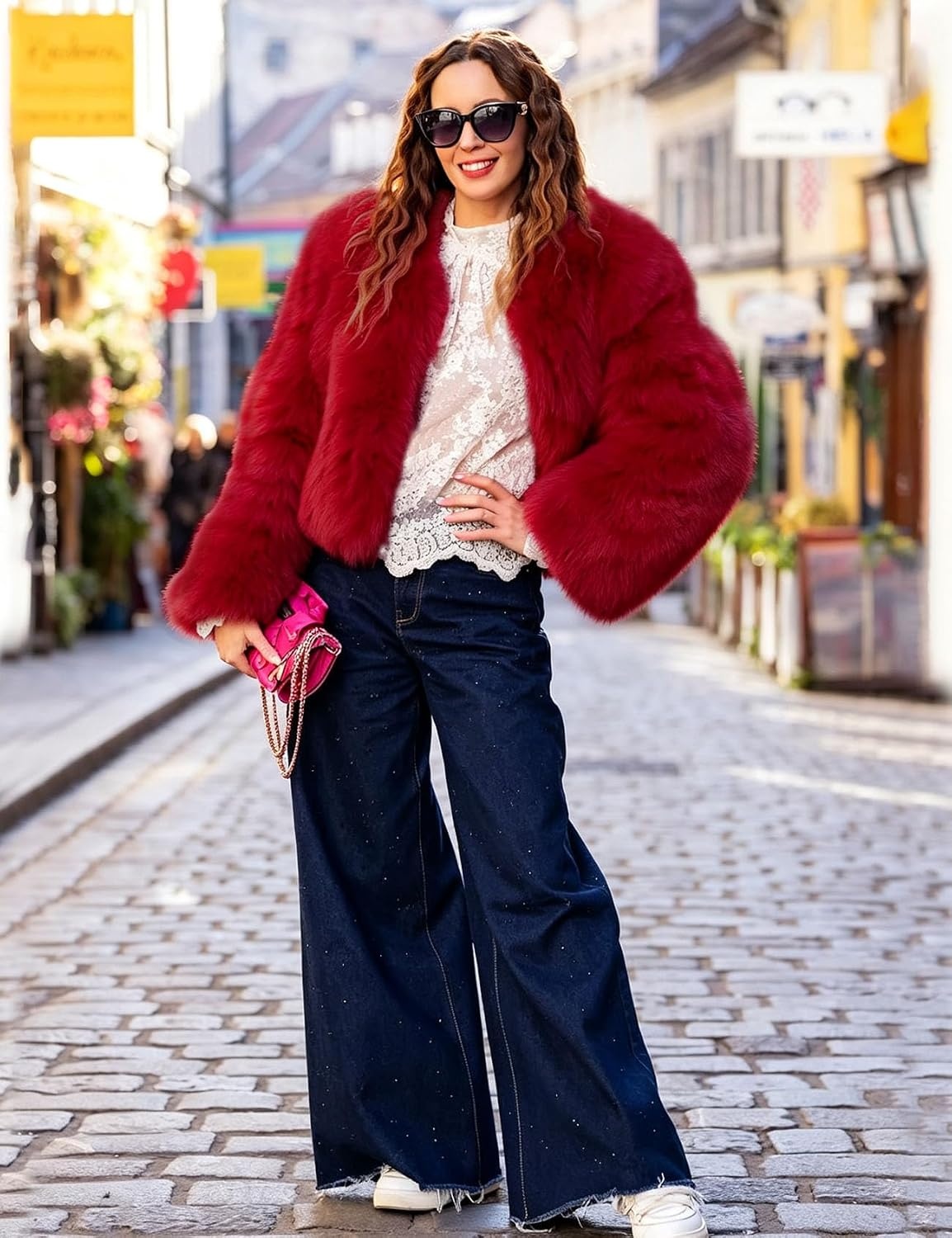 image:imageFlygo Womens Faux Fur Coat Winter Warm Cropped Fluffy Shaggy Jacket Smooth Lining Open Front Long Sleeve Snap Button 2 Pockets 2026 Luxury Fuzzy Outerwear Cardigan Going Out Wedding PartyRed