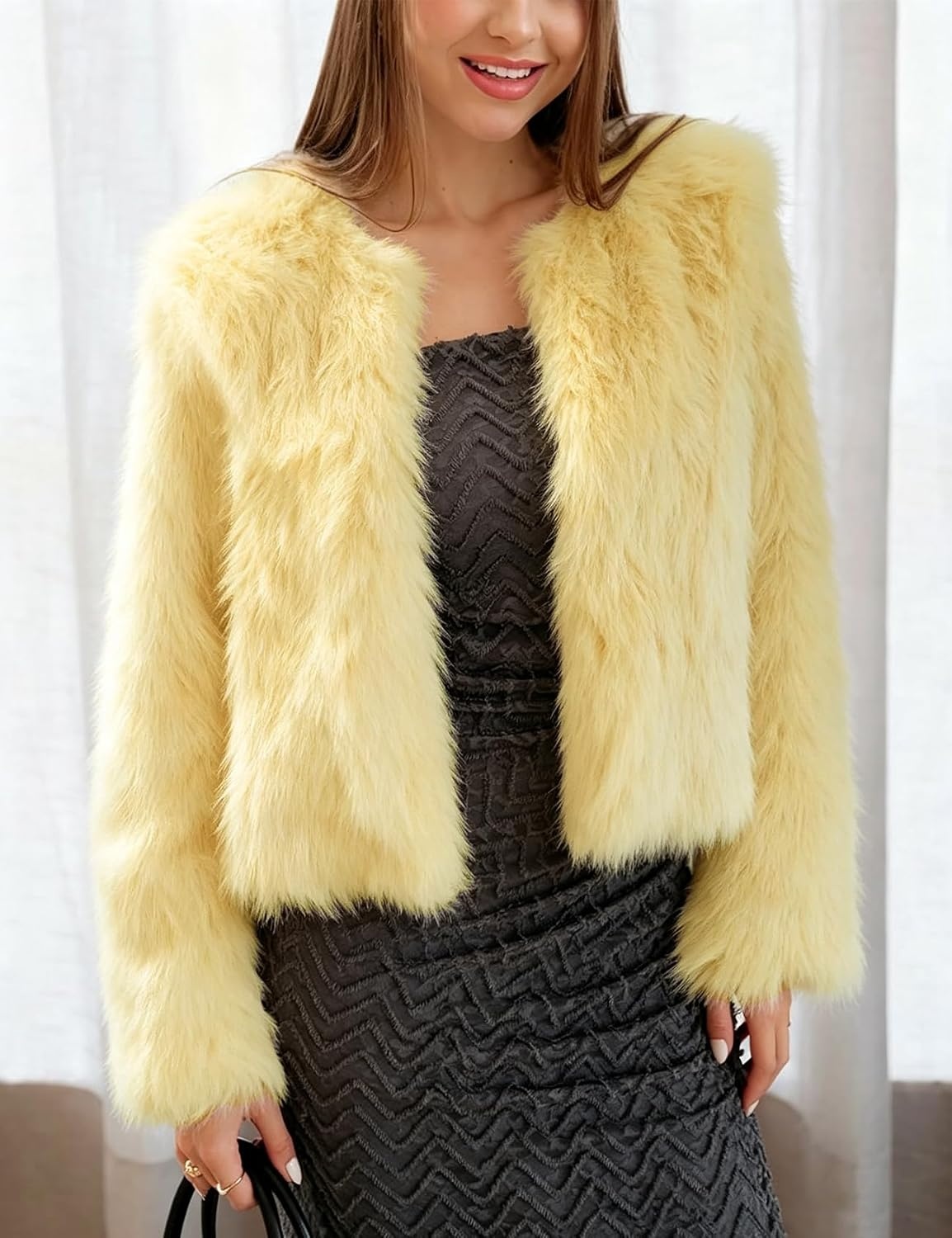 image:imageFlygo Womens Faux Fur Coat Winter Warm Cropped Fluffy Shaggy Jacket Smooth Lining Open Front Long Sleeve Snap Button 2 Pockets 2026 Luxury Fuzzy Outerwear Cardigan Going Out Wedding PartyYellow
