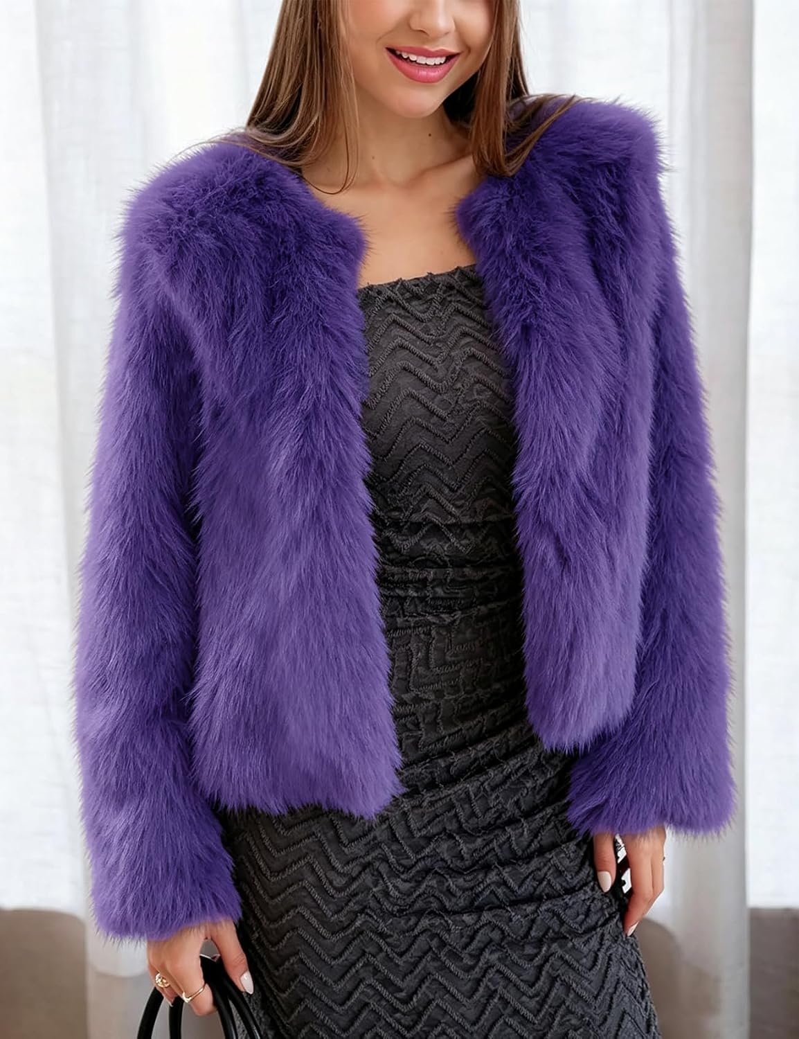 image:imageFlygo Womens Faux Fur Coat Winter Warm Cropped Fluffy Shaggy Jacket Smooth Lining Open Front Long Sleeve Snap Button 2 Pockets 2026 Luxury Fuzzy Outerwear Cardigan Going Out Wedding PartyDeeppurple