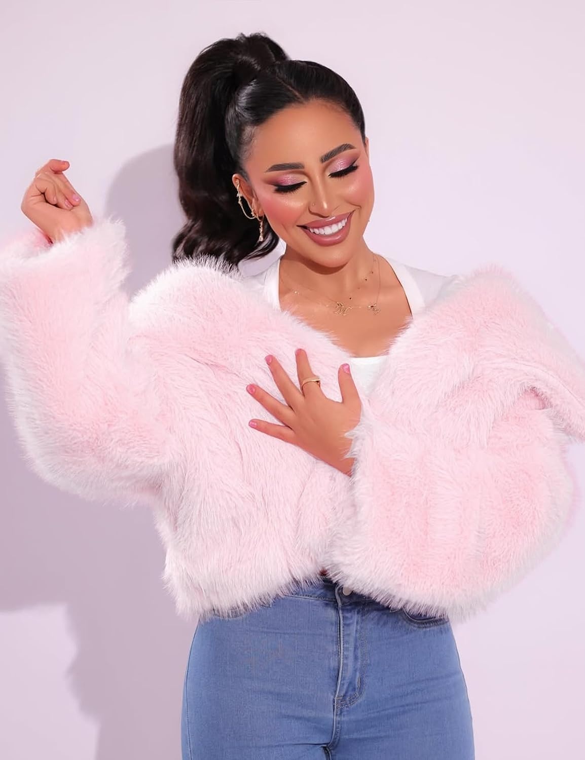 image:imageFlygo Womens Faux Fur Coat Winter Warm Cropped Fluffy Shaggy Jacket Smooth Lining Open Front Long Sleeve Snap Button 2 Pockets 2026 Luxury Fuzzy Outerwear Cardigan Going Out Wedding PartyPink