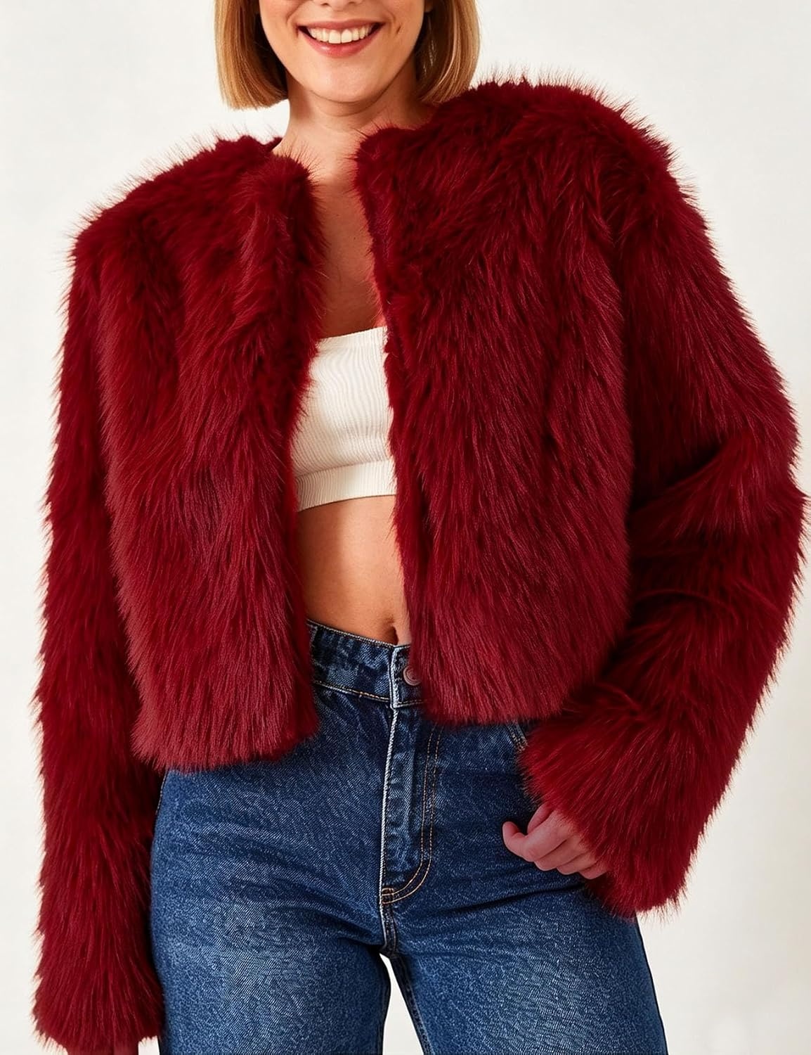 image:imageFlygo Womens Faux Fur Coat Winter Warm Cropped Fluffy Shaggy Jacket Smooth Lining Open Front Long Sleeve Snap Button 2 Pockets 2026 Luxury Fuzzy Outerwear Cardigan Going Out Wedding PartyRed
