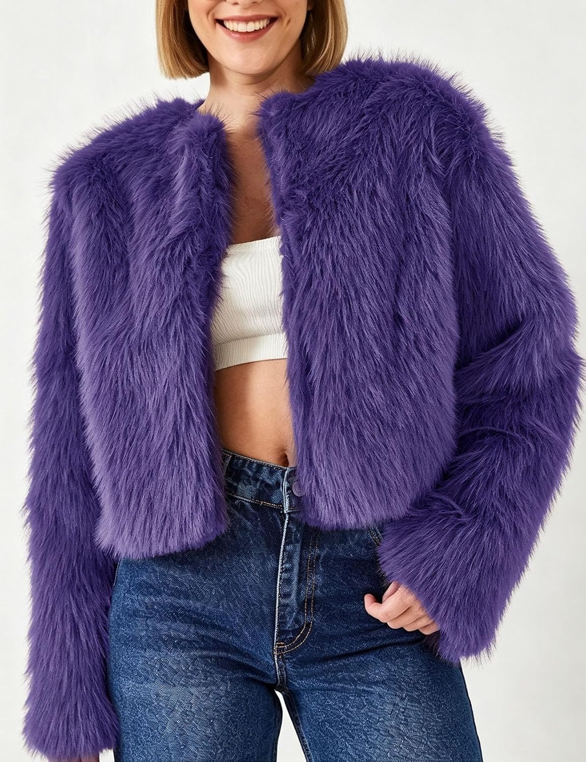 image:imageFlygo Womens Faux Fur Coat Winter Warm Cropped Fluffy Shaggy Jacket Smooth Lining Open Front Long Sleeve Snap Button 2 Pockets 2026 Luxury Fuzzy Outerwear Cardigan Going Out Wedding PartyDeeppurple
