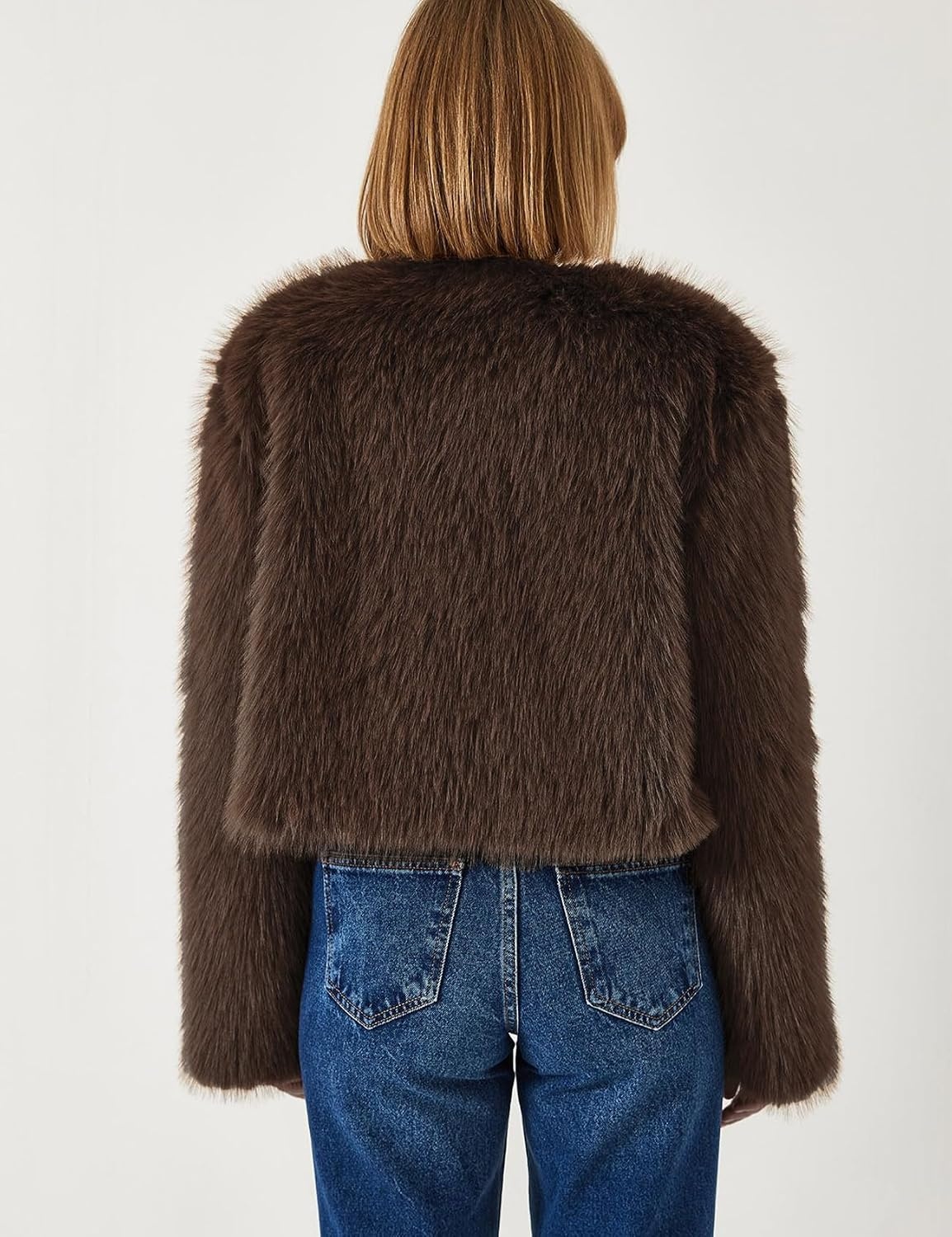 image:imageFlygo Womens Faux Fur Coat Winter Warm Cropped Fluffy Shaggy Jacket Smooth Lining Open Front Long Sleeve Snap Button 2 Pockets 2026 Luxury Fuzzy Outerwear Cardigan Going Out Wedding PartyBrown
