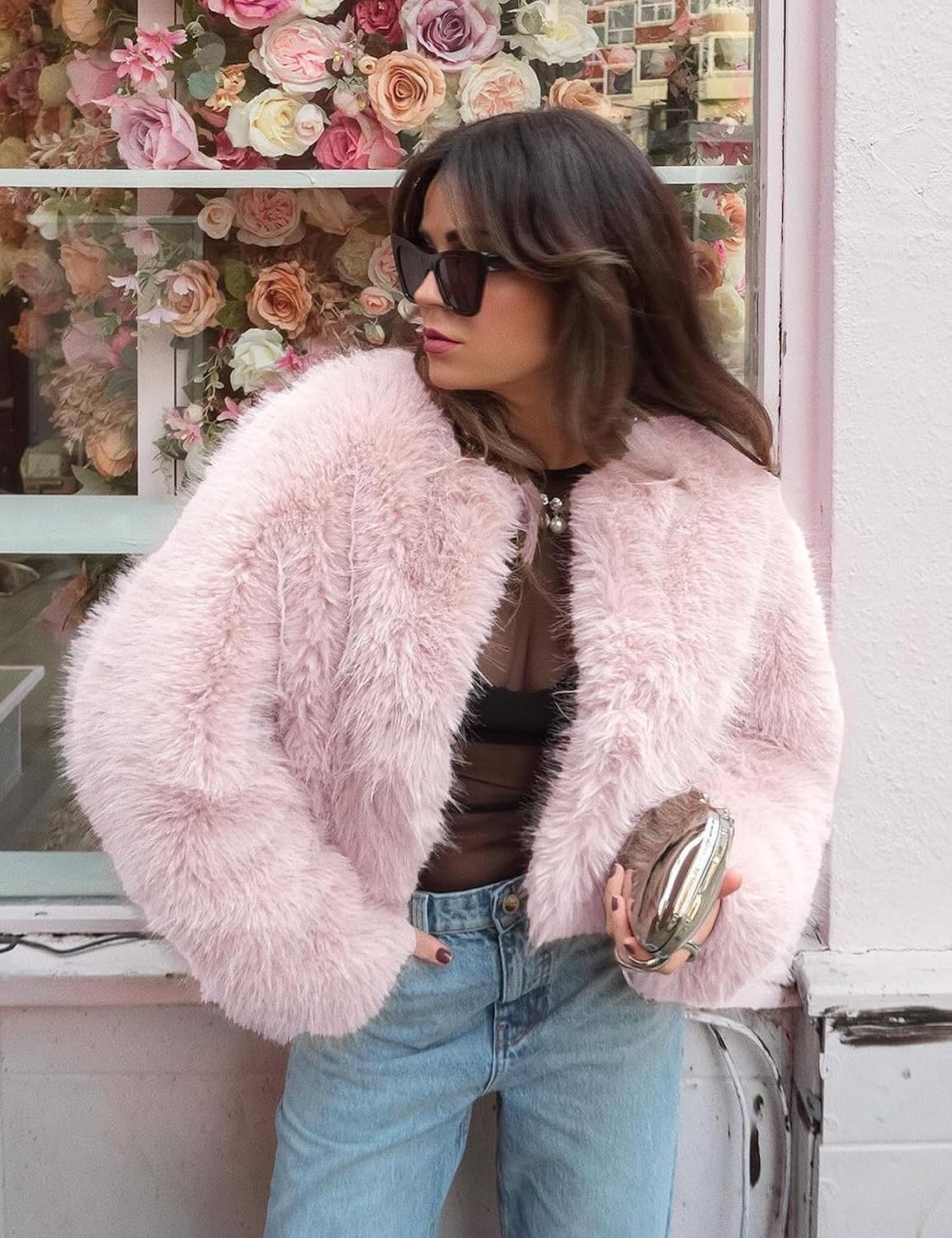 image:imageFlygo Womens Faux Fur Coat Winter Warm Cropped Fluffy Shaggy Jacket Smooth Lining Open Front Long Sleeve Snap Button 2 Pockets 2026 Luxury Fuzzy Outerwear Cardigan Going Out Wedding PartyPink
