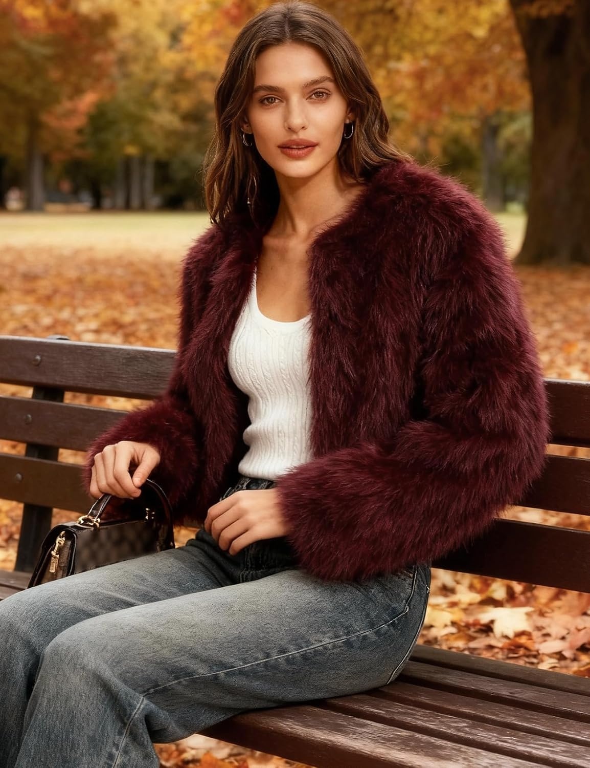 image:imageFlygo Womens Faux Fur Coat Winter Warm Cropped Fluffy Shaggy Jacket Smooth Lining Open Front Long Sleeve Snap Button 2 Pockets 2026 Luxury Fuzzy Outerwear Cardigan Going Out Wedding PartyWine