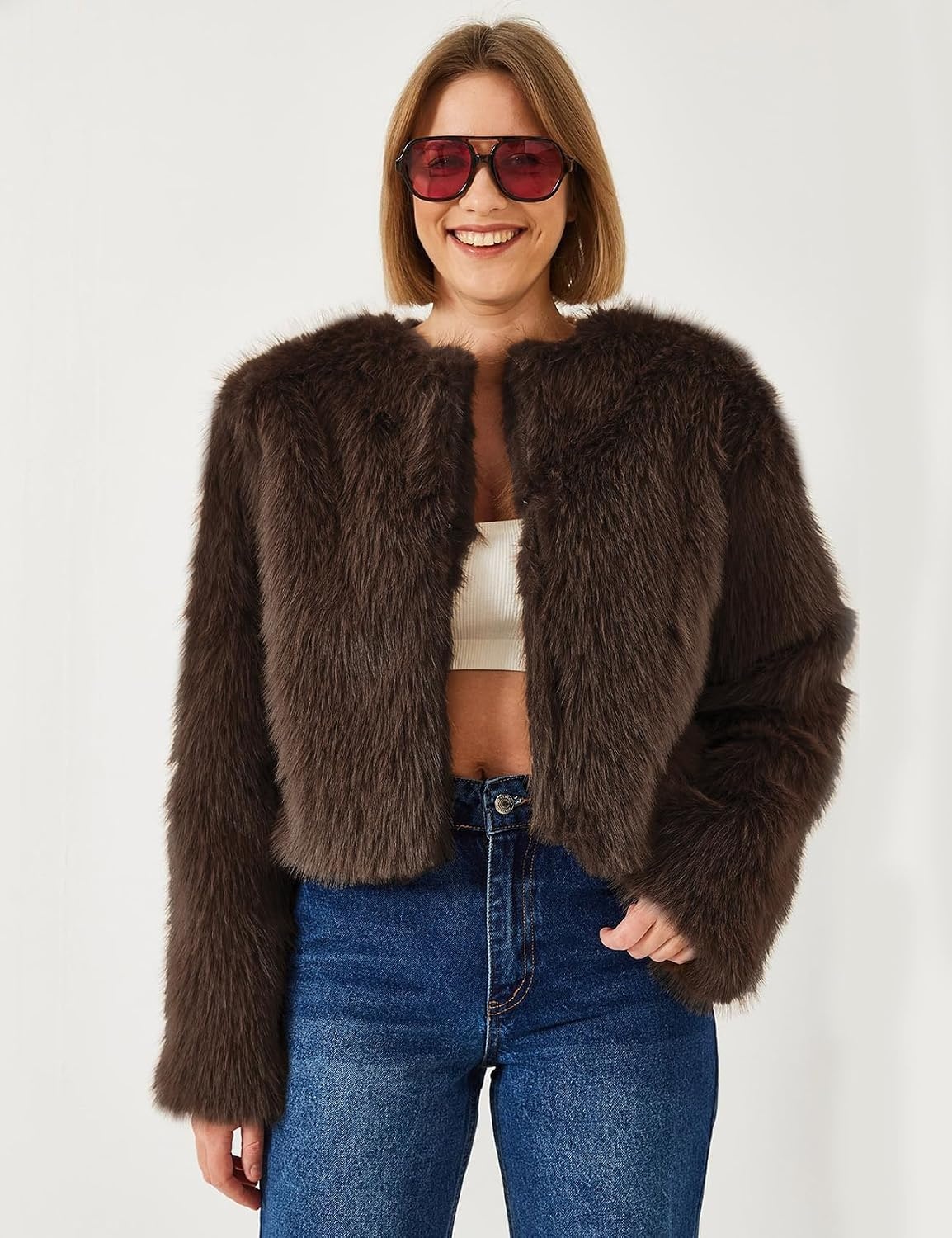 image:imageFlygo Womens Faux Fur Coat Winter Warm Cropped Fluffy Shaggy Jacket Smooth Lining Open Front Long Sleeve Snap Button 2 Pockets 2026 Luxury Fuzzy Outerwear Cardigan Going Out Wedding PartyBrown