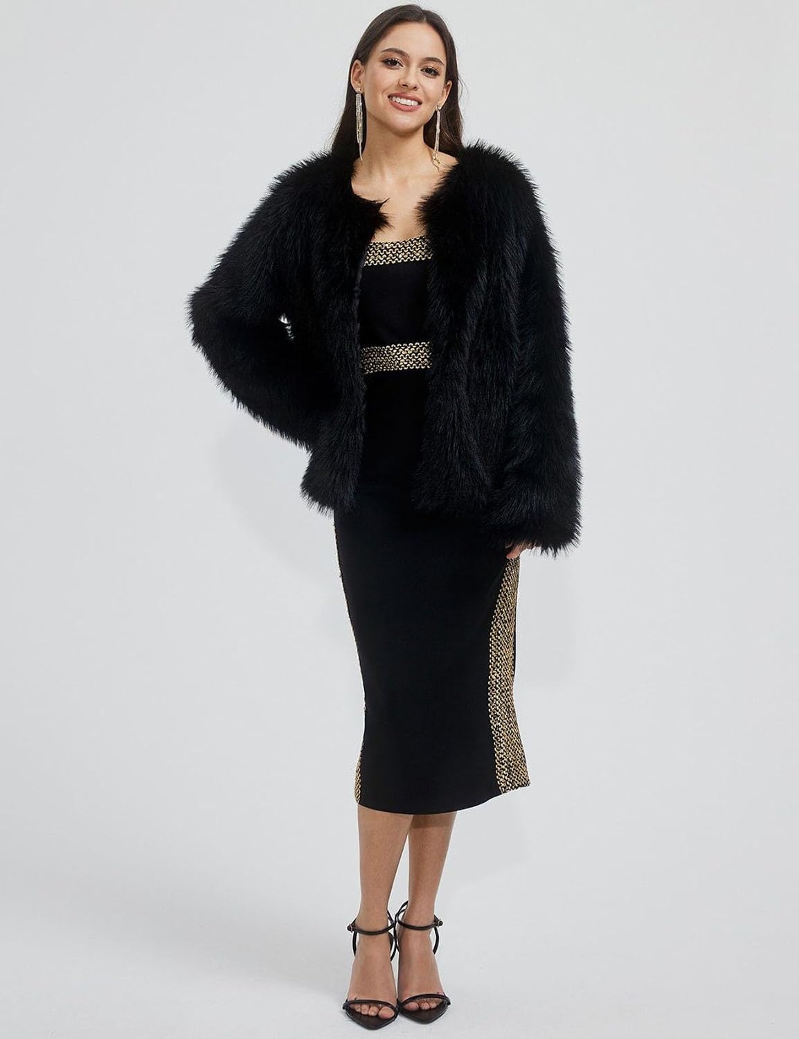 image:imageFlygo Womens Faux Fur Coat Winter Warm Cropped Fluffy Shaggy Jacket Smooth Lining Open Front Long Sleeve Snap Button 2 Pockets 2026 Luxury Fuzzy Outerwear Cardigan Going Out Wedding PartyBlack