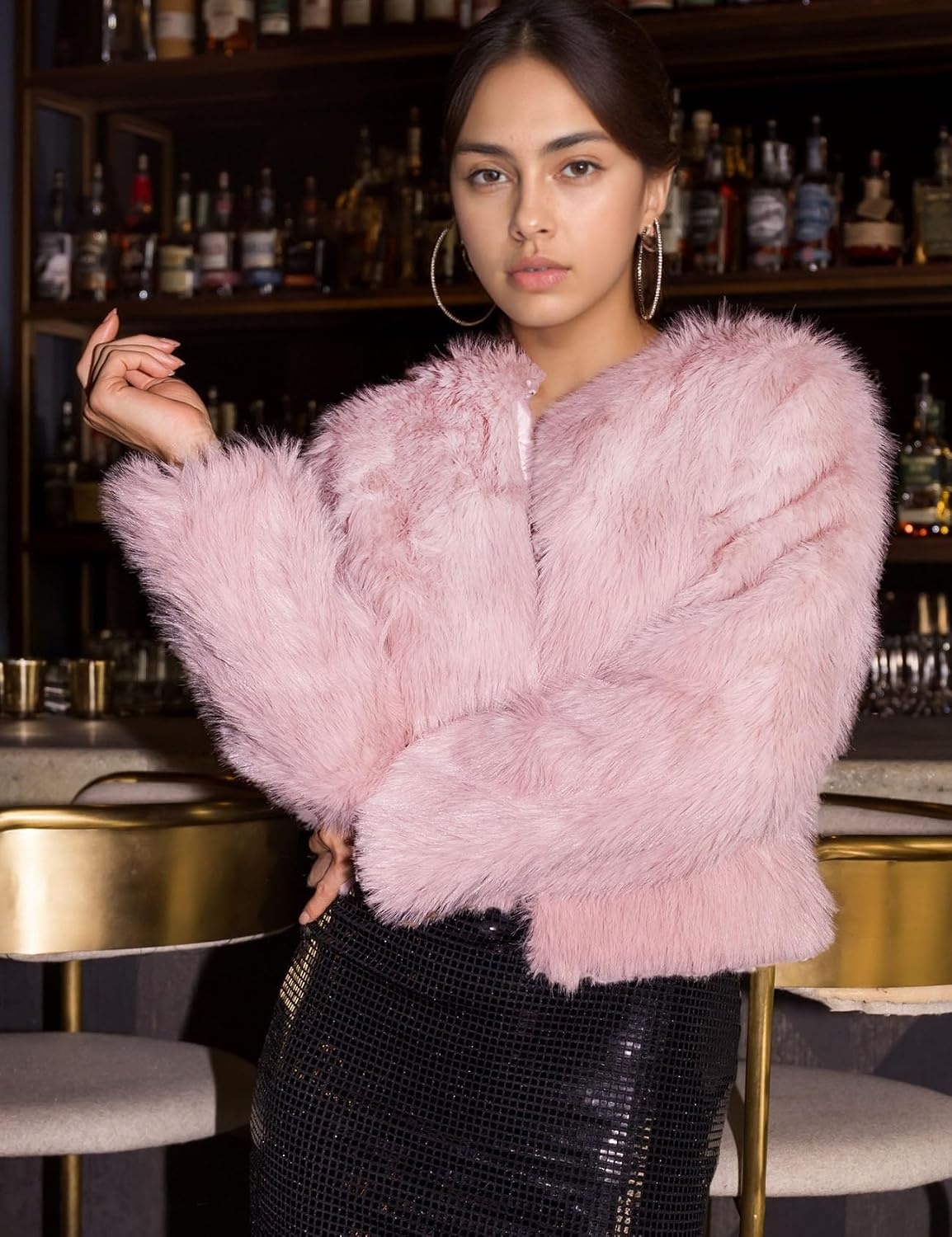 image:imageFlygo Womens Faux Fur Coat Winter Warm Cropped Fluffy Shaggy Jacket Smooth Lining Open Front Long Sleeve Snap Button 2 Pockets 2026 Luxury Fuzzy Outerwear Cardigan Going Out Wedding PartyPink