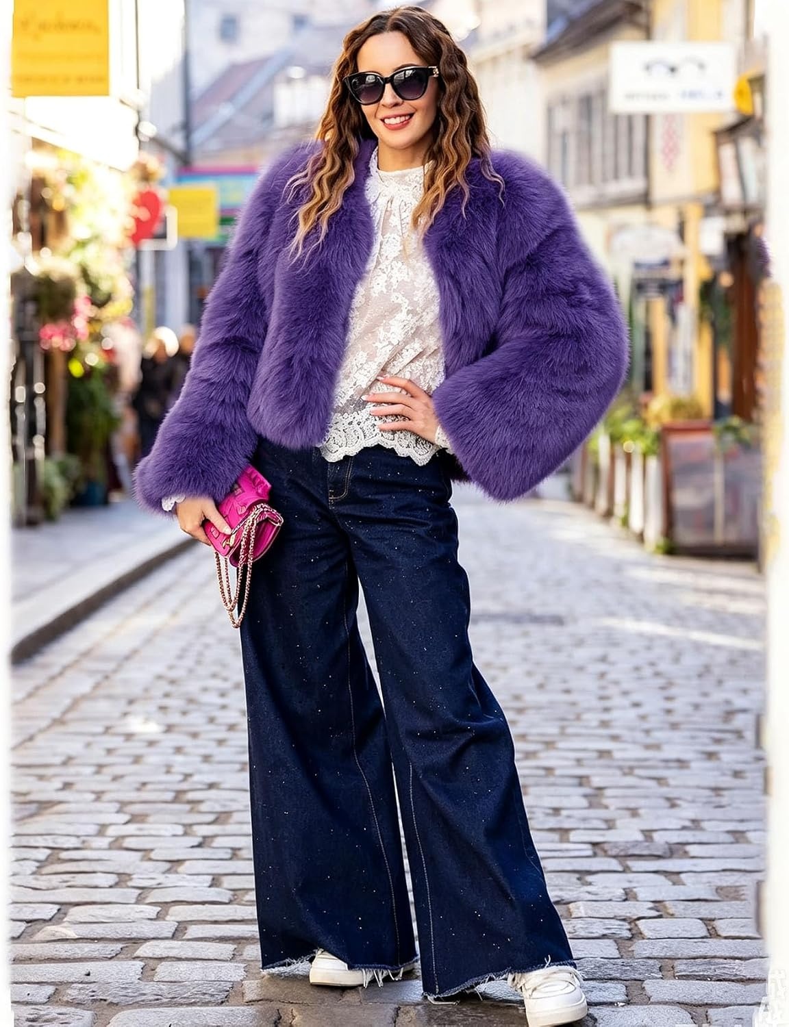 image:imageFlygo Womens Faux Fur Coat Winter Warm Cropped Fluffy Shaggy Jacket Smooth Lining Open Front Long Sleeve Snap Button 2 Pockets 2026 Luxury Fuzzy Outerwear Cardigan Going Out Wedding PartyDeeppurple