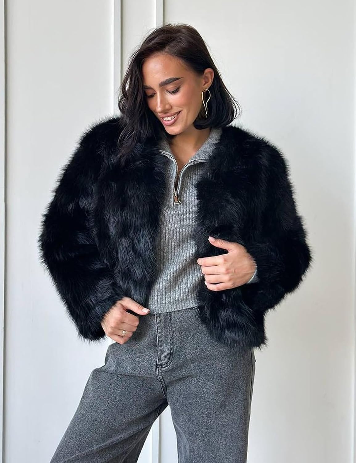 image:imageFlygo Womens Faux Fur Coat Winter Warm Cropped Fluffy Shaggy Jacket Smooth Lining Open Front Long Sleeve Snap Button 2 Pockets 2026 Luxury Fuzzy Outerwear Cardigan Going Out Wedding PartyBlack