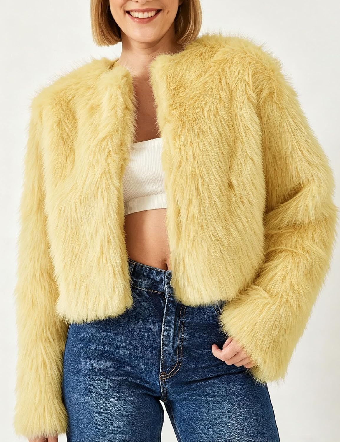 image:imageFlygo Womens Faux Fur Coat Winter Warm Cropped Fluffy Shaggy Jacket Smooth Lining Open Front Long Sleeve Snap Button 2 Pockets 2026 Luxury Fuzzy Outerwear Cardigan Going Out Wedding PartyYellow