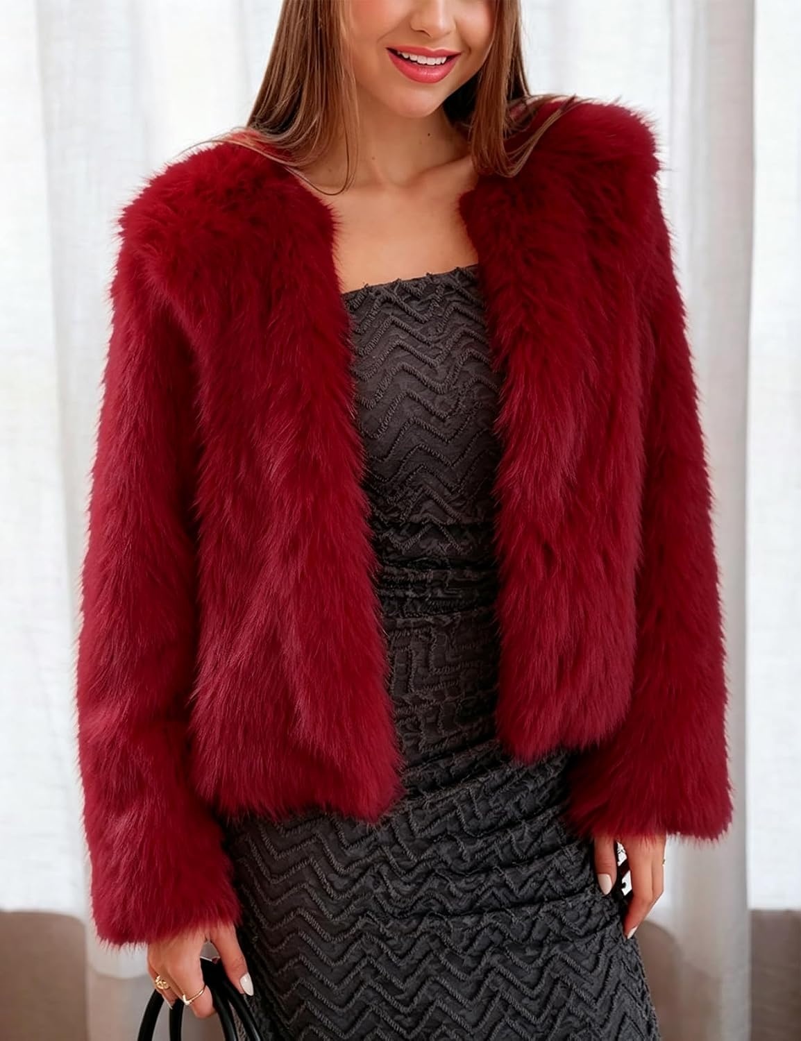 image:imageFlygo Womens Faux Fur Coat Winter Warm Cropped Fluffy Shaggy Jacket Smooth Lining Open Front Long Sleeve Snap Button 2 Pockets 2026 Luxury Fuzzy Outerwear Cardigan Going Out Wedding PartyRed