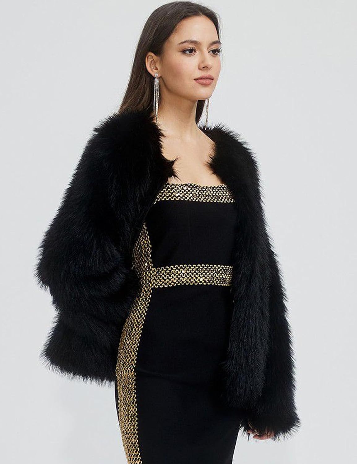 image:imageFlygo Womens Faux Fur Coat Winter Warm Cropped Fluffy Shaggy Jacket Smooth Lining Open Front Long Sleeve Snap Button 2 Pockets 2026 Luxury Fuzzy Outerwear Cardigan Going Out Wedding PartyBlack