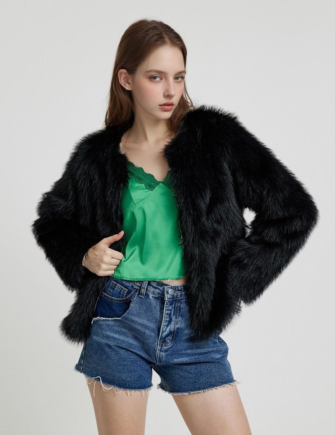 image:imageFlygo Womens Faux Fur Coat Winter Warm Cropped Fluffy Shaggy Jacket Smooth Lining Open Front Long Sleeve Snap Button 2 Pockets 2026 Luxury Fuzzy Outerwear Cardigan Going Out Wedding PartyBlack